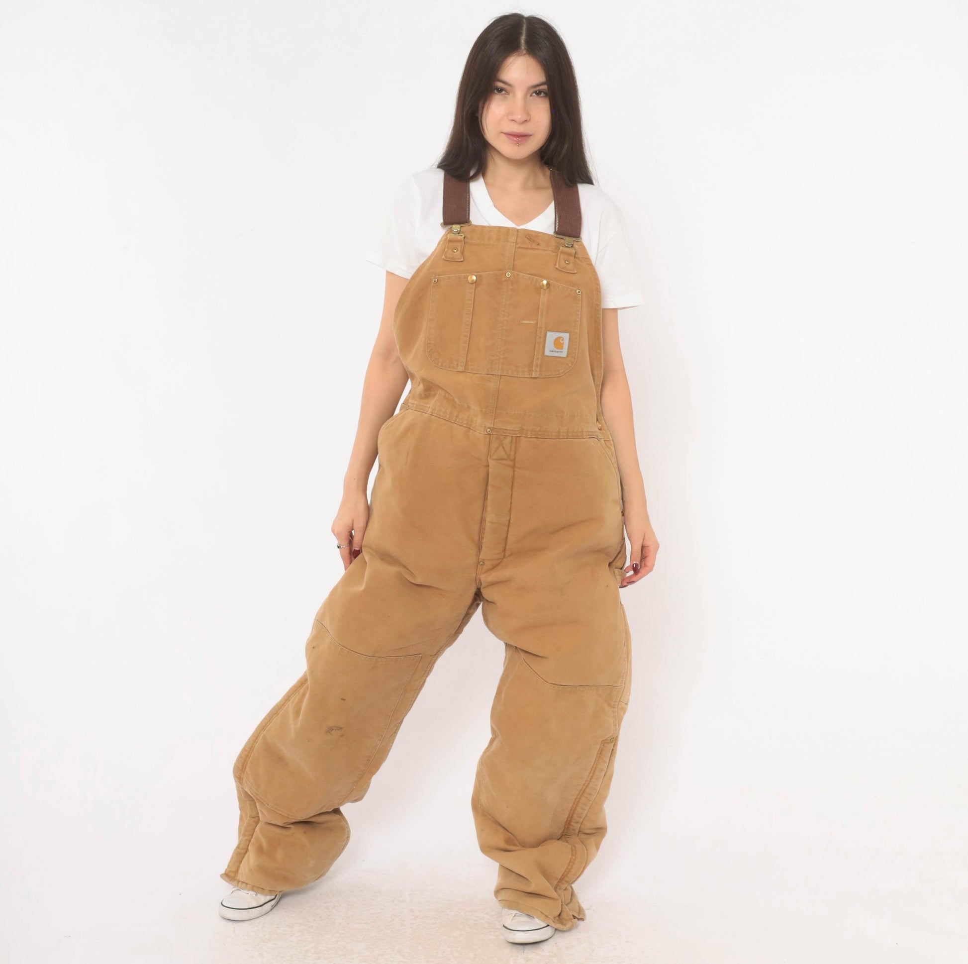 Carhartt Quilted Bib Overalls Tan Duck Canvas Double Knee Workwear XXL