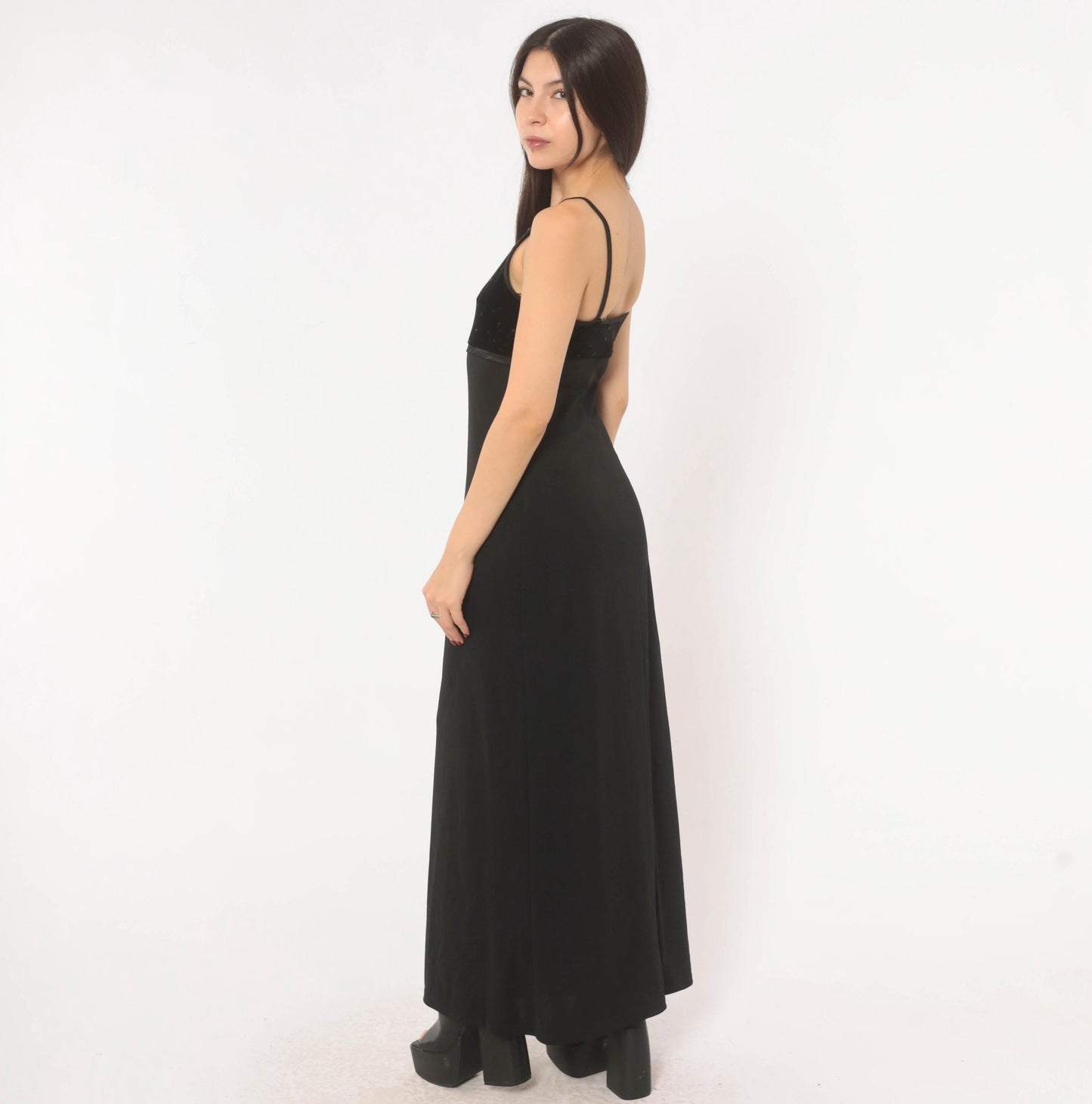 2000s I.N. San Francisco Black Velvet Maxi Dress Empire Waist Spaghetti Strap Small