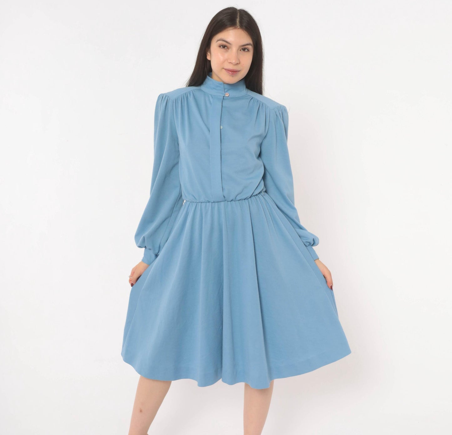 70s Sky Blue Sunshine Alley Dress Bishop Sleeve Quilted Yoke Knee Length Medium M
