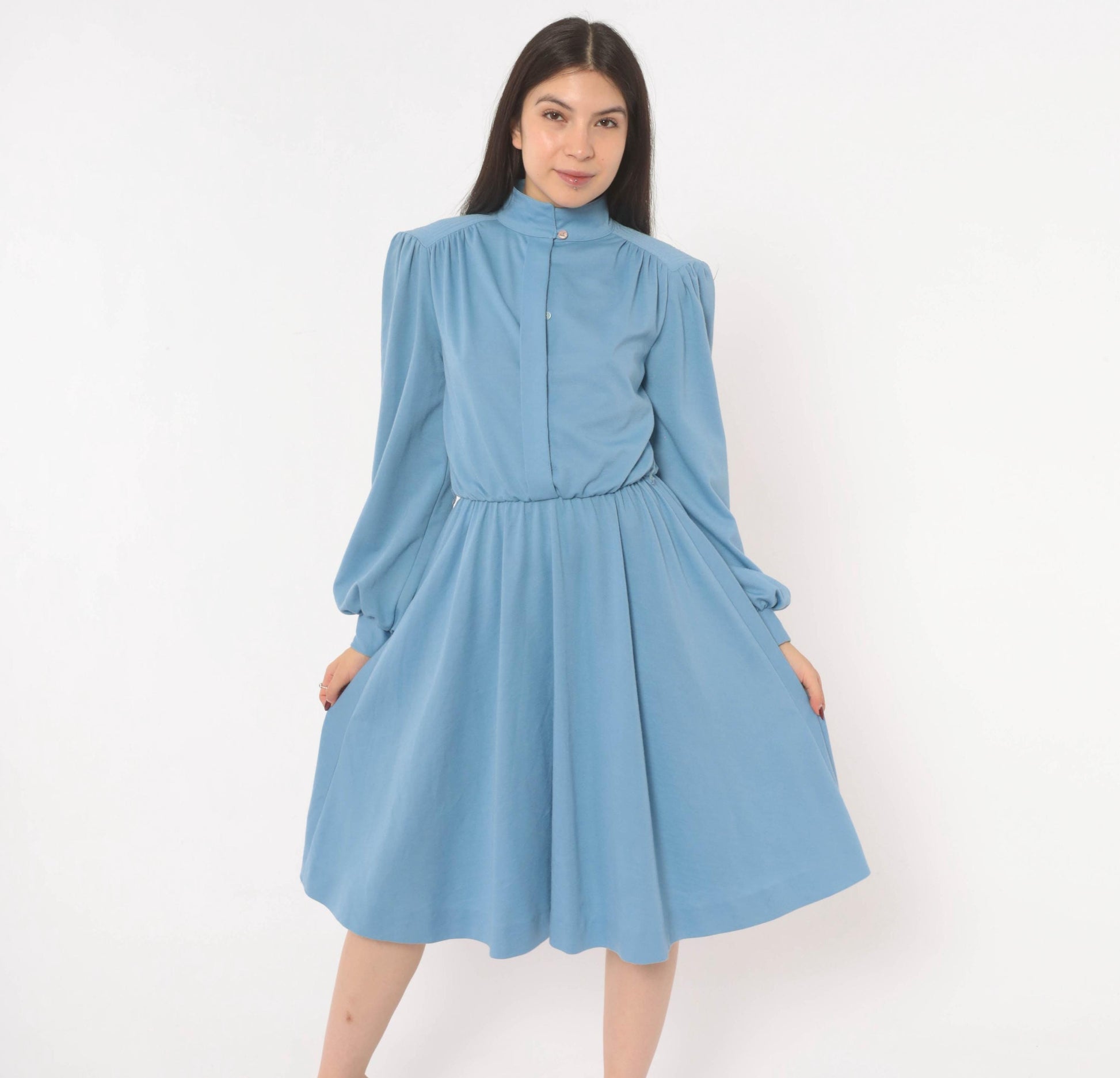 70s Sky Blue Sunshine Alley Dress Bishop Sleeve Quilted Yoke Knee Length Medium M