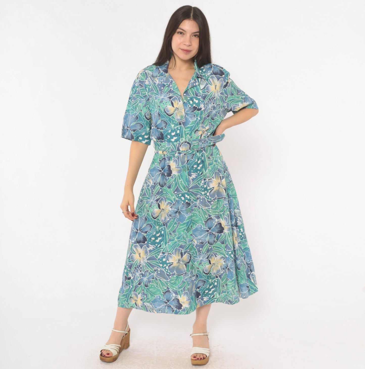 80s Elinor Carolina Maid Tropical Floral Shirtdress Blue Midi Medium