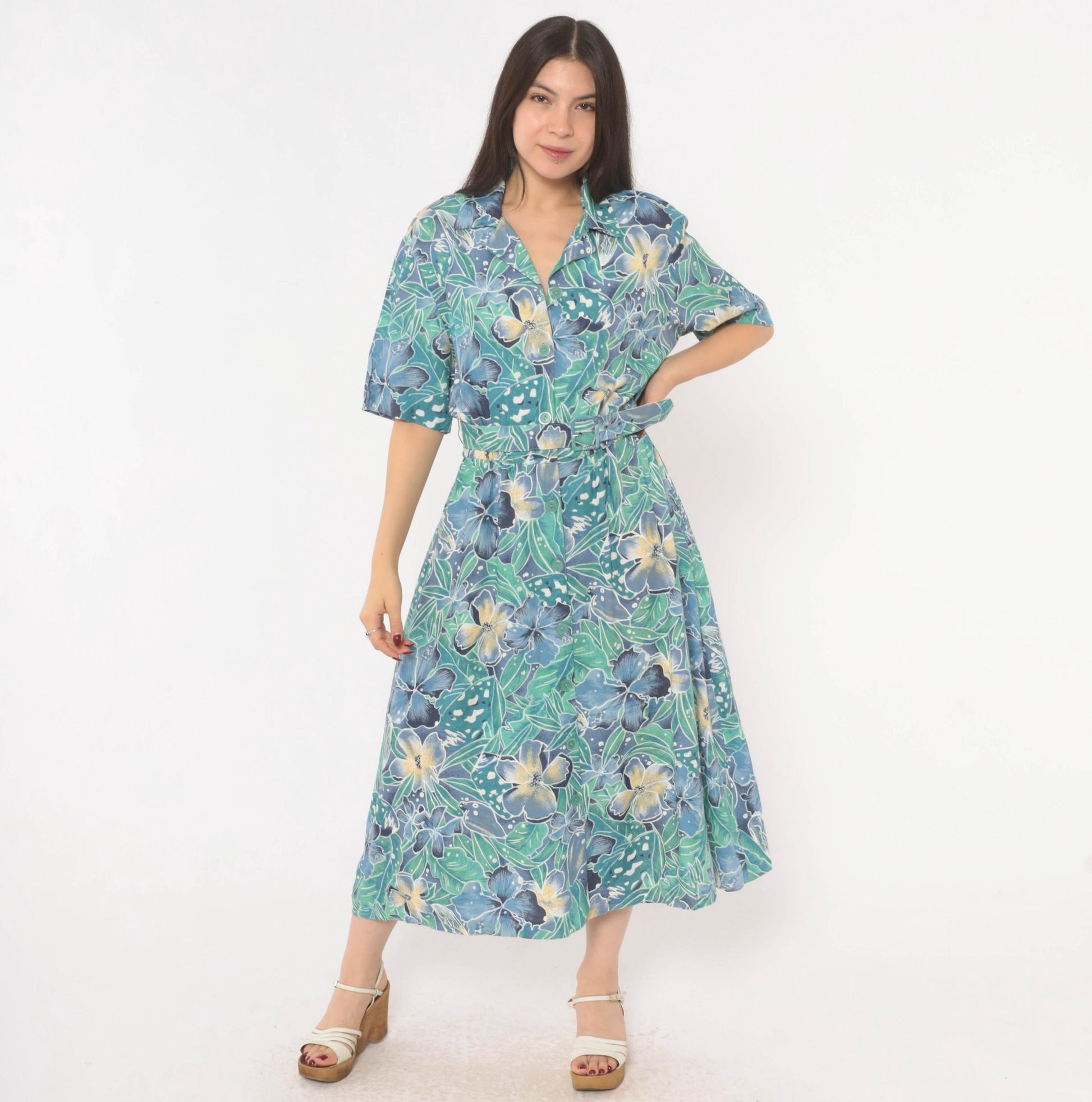 80s Elinor Carolina Maid Tropical Floral Shirtdress Blue Midi Medium