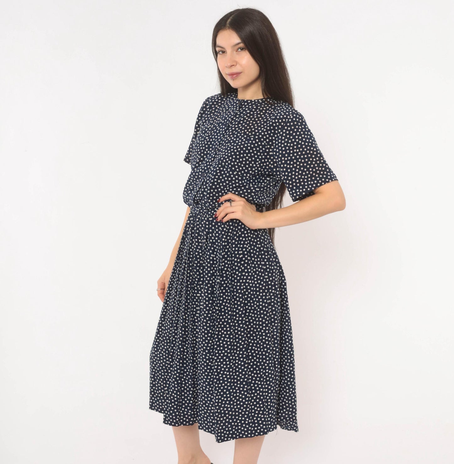 90s Navy Polka Dot Midi Dress Liz Petites Button Front Crew Neck Medium M