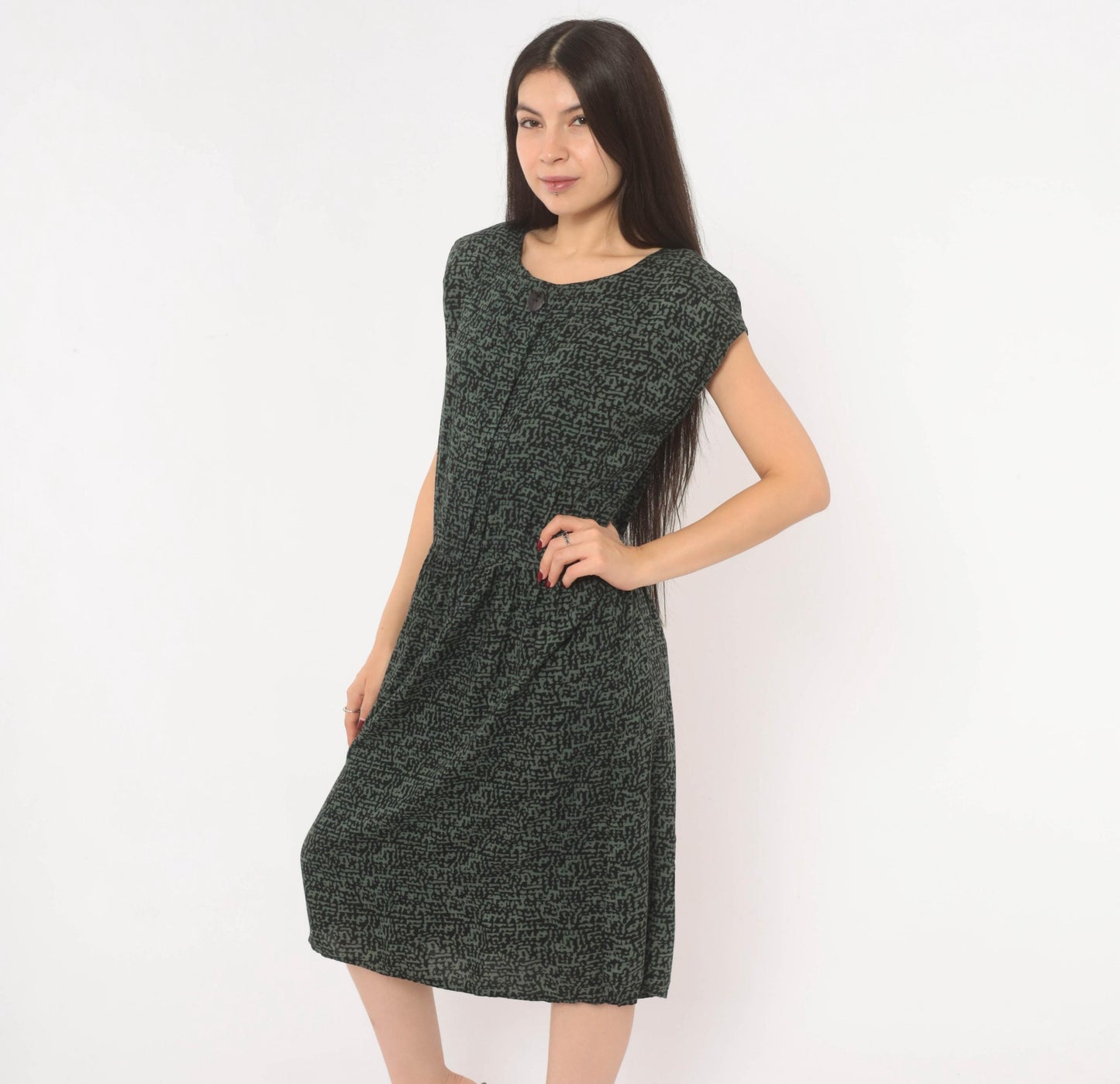 90s Items Abstract Print Dress Olive Black Cap Sleeve Medium M