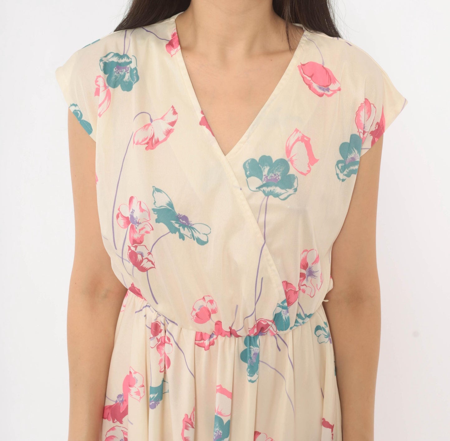 80s Floral Wrap Dress Cream Pink Teal Cap Sleeve Knee Length Medium