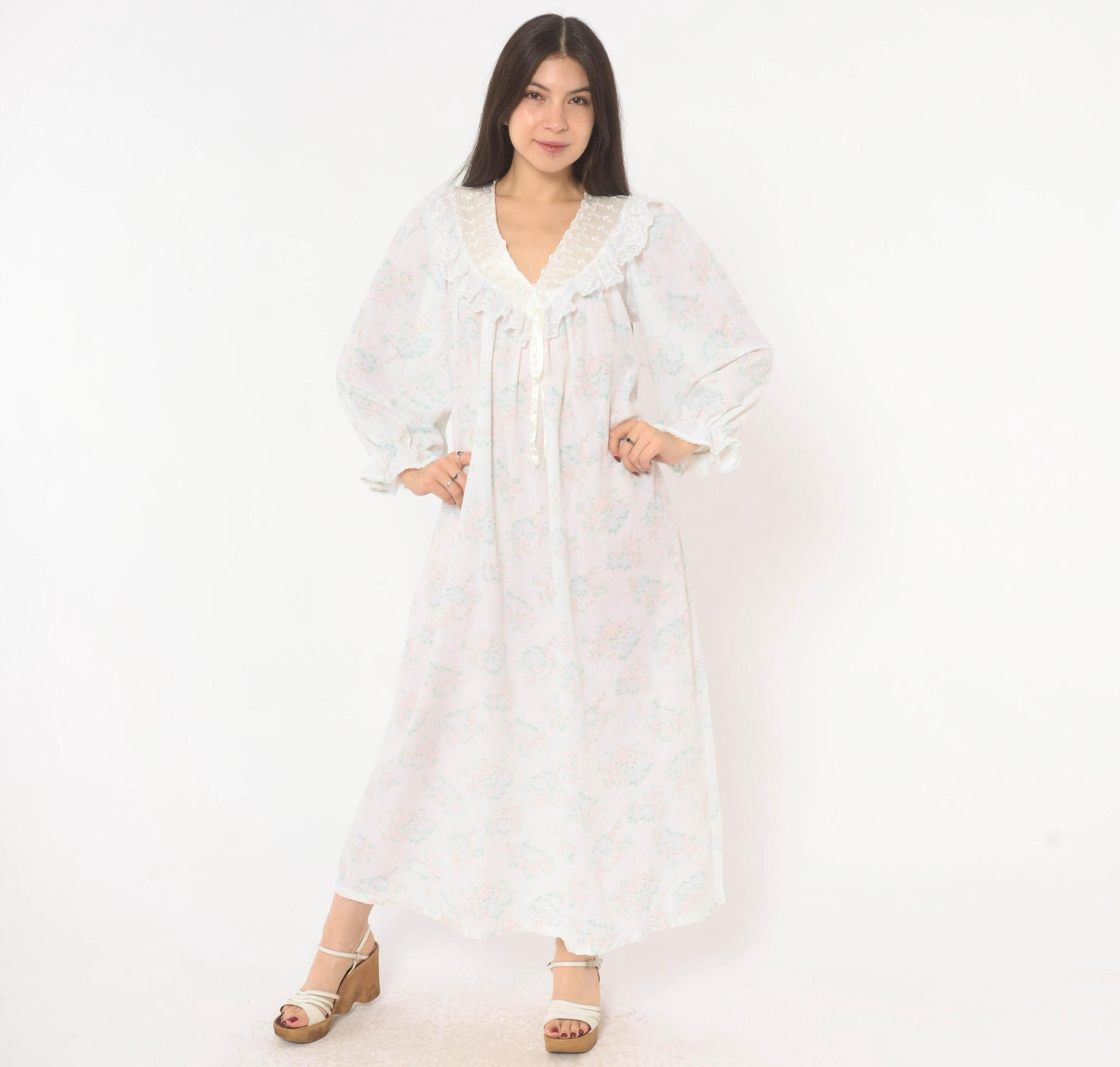 90s Gilligan O'Malley Floral Maxi Robe Puff Sleeve Eyelet Collar Pink Teal Medium M