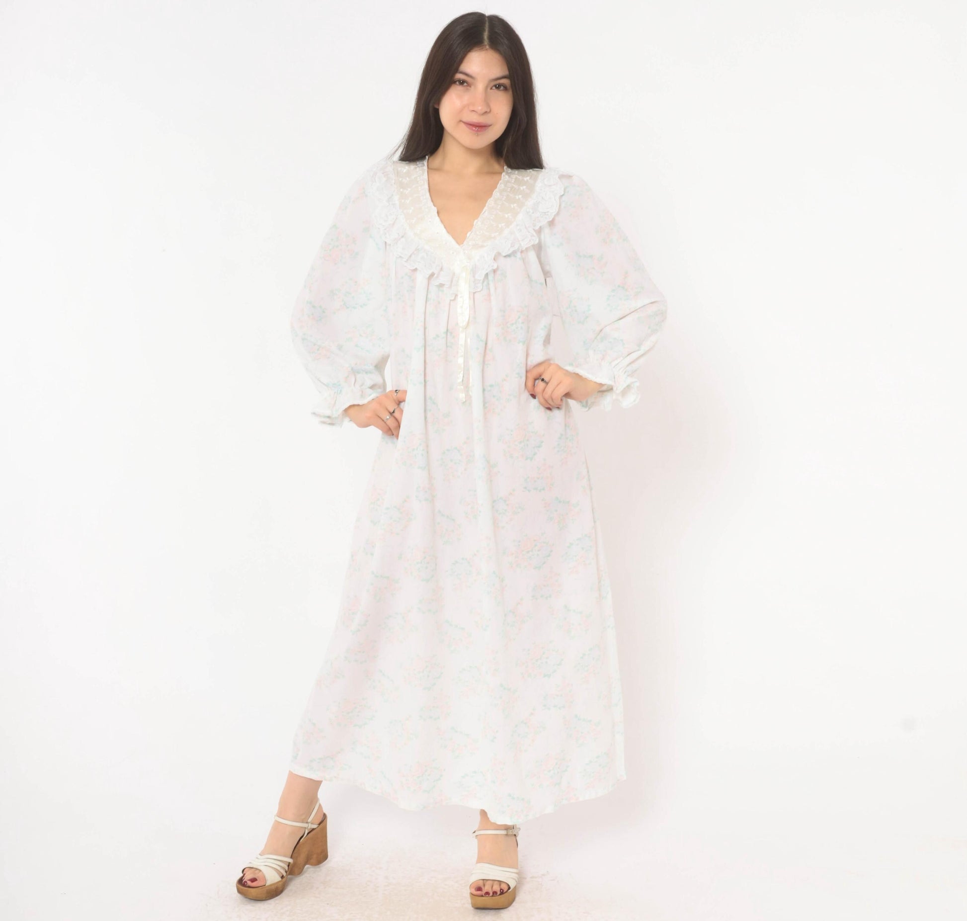 90s Gilligan O'Malley Floral Maxi Robe Puff Sleeve Eyelet Collar Pink Teal Medium M