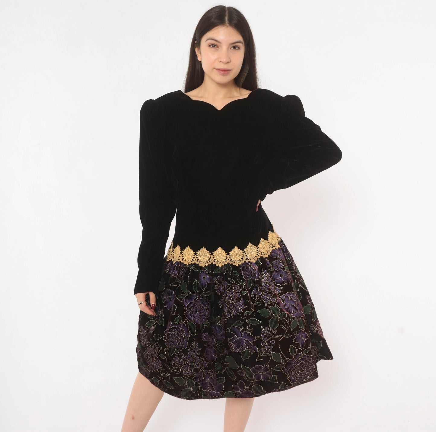 90s Scott Mcclintock Black Velvet Drop Waist Dress Purple Floral Open Back Large