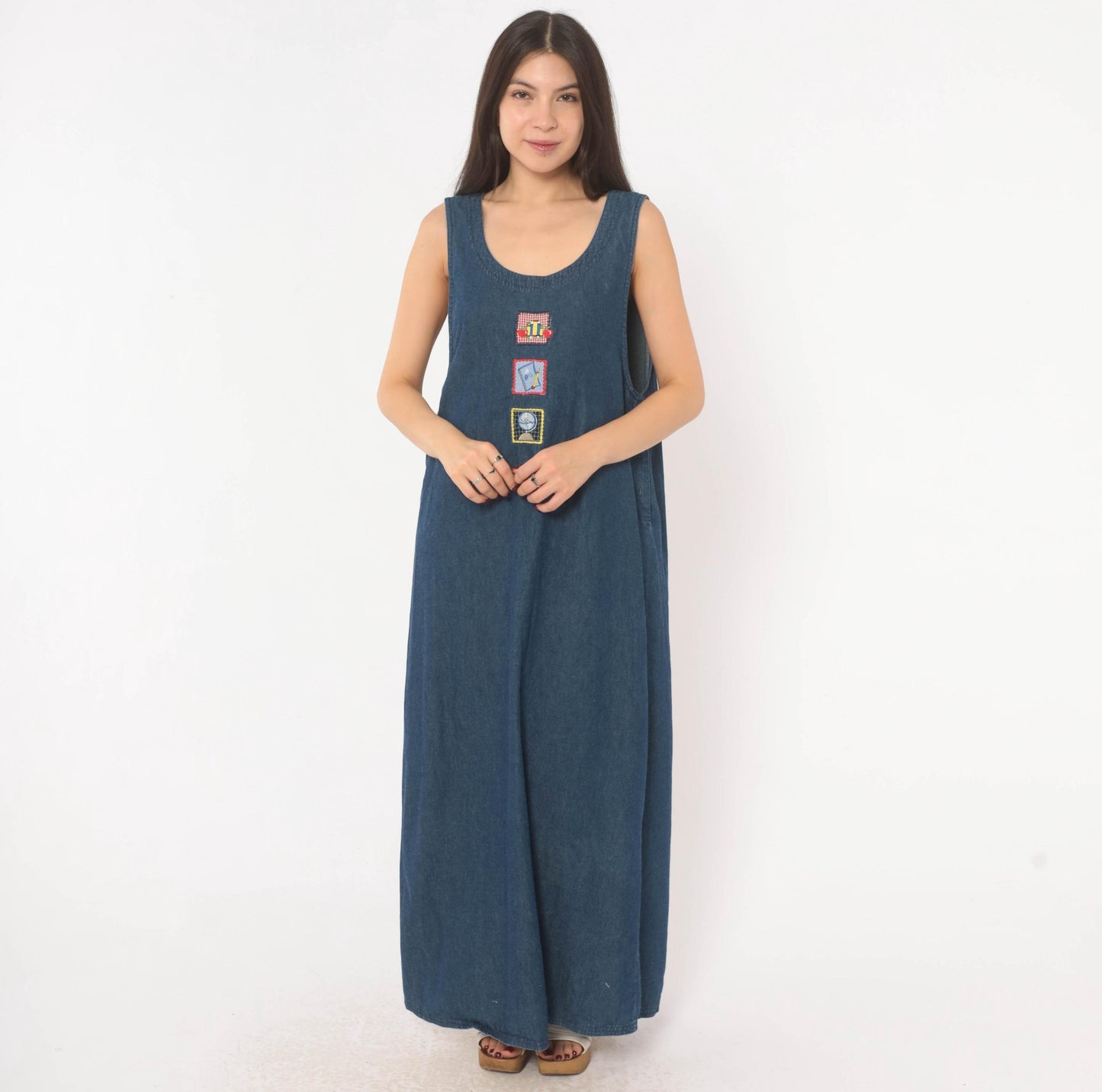 90s White Stag Navy Denim Maxi Jumper Dress School Patches Large L