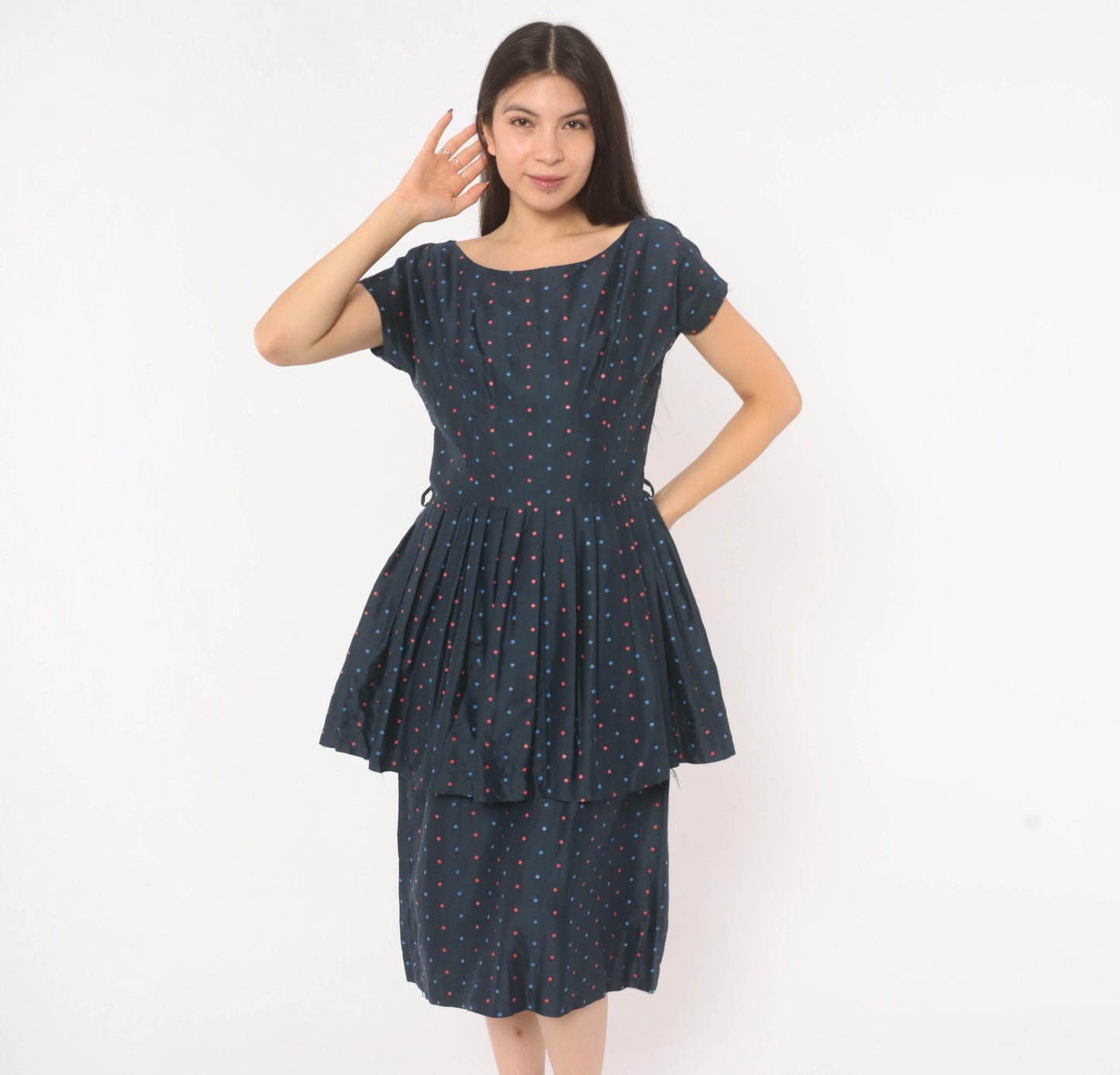 60s Navy Polka Dot Peplum Dress Red Blue Cap Sleeve Fitted Waist Medium M