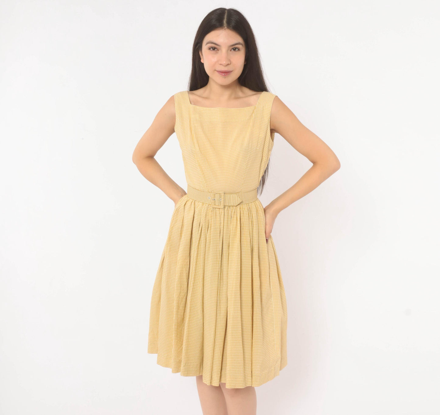 1950s P.S. Andrews Co Gingham Sundress Yellow White Cotton Fit Flare Extra Small XS