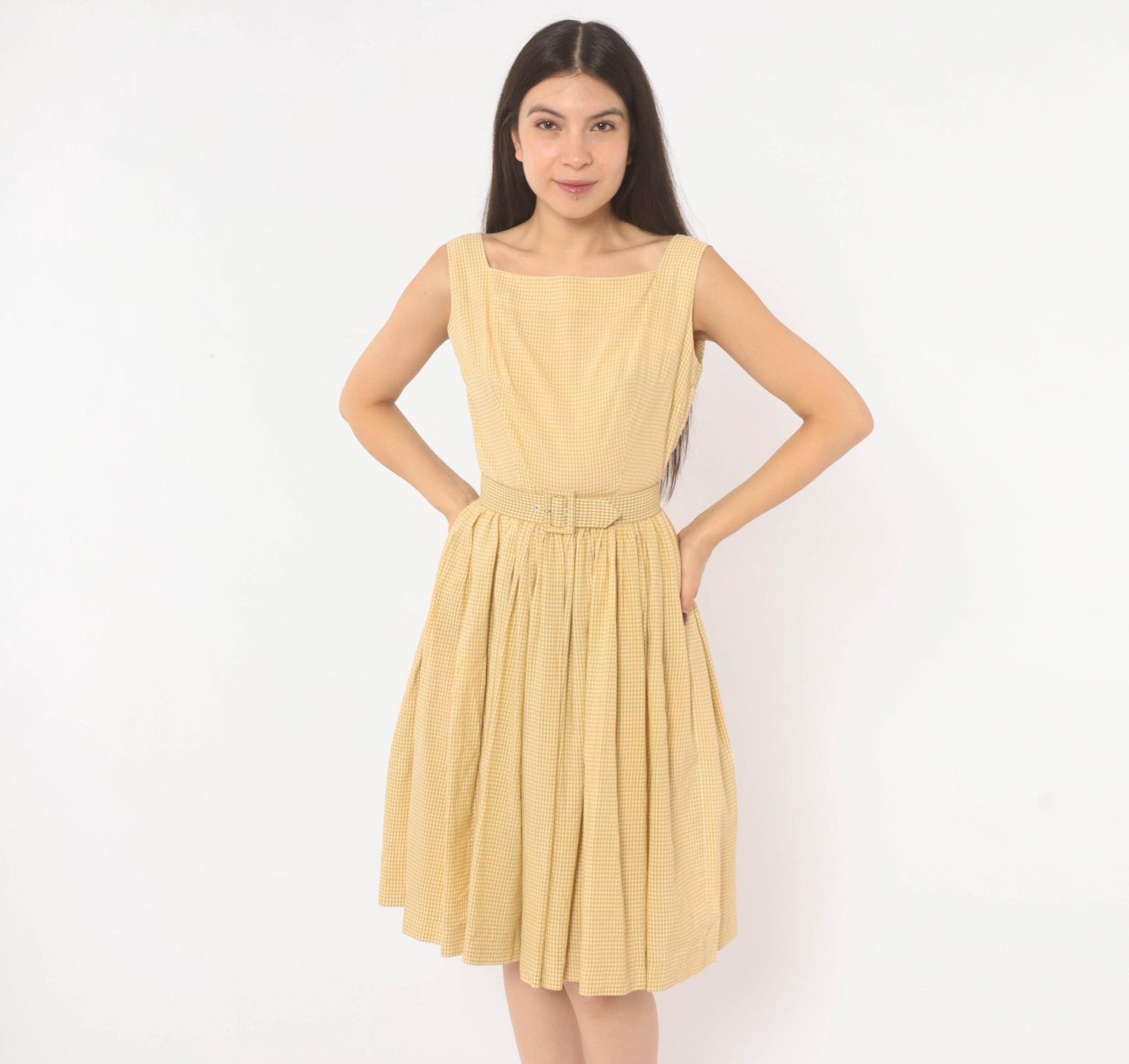 1950s P.S. Andrews Co Gingham Sundress Yellow White Cotton Fit Flare Extra Small XS