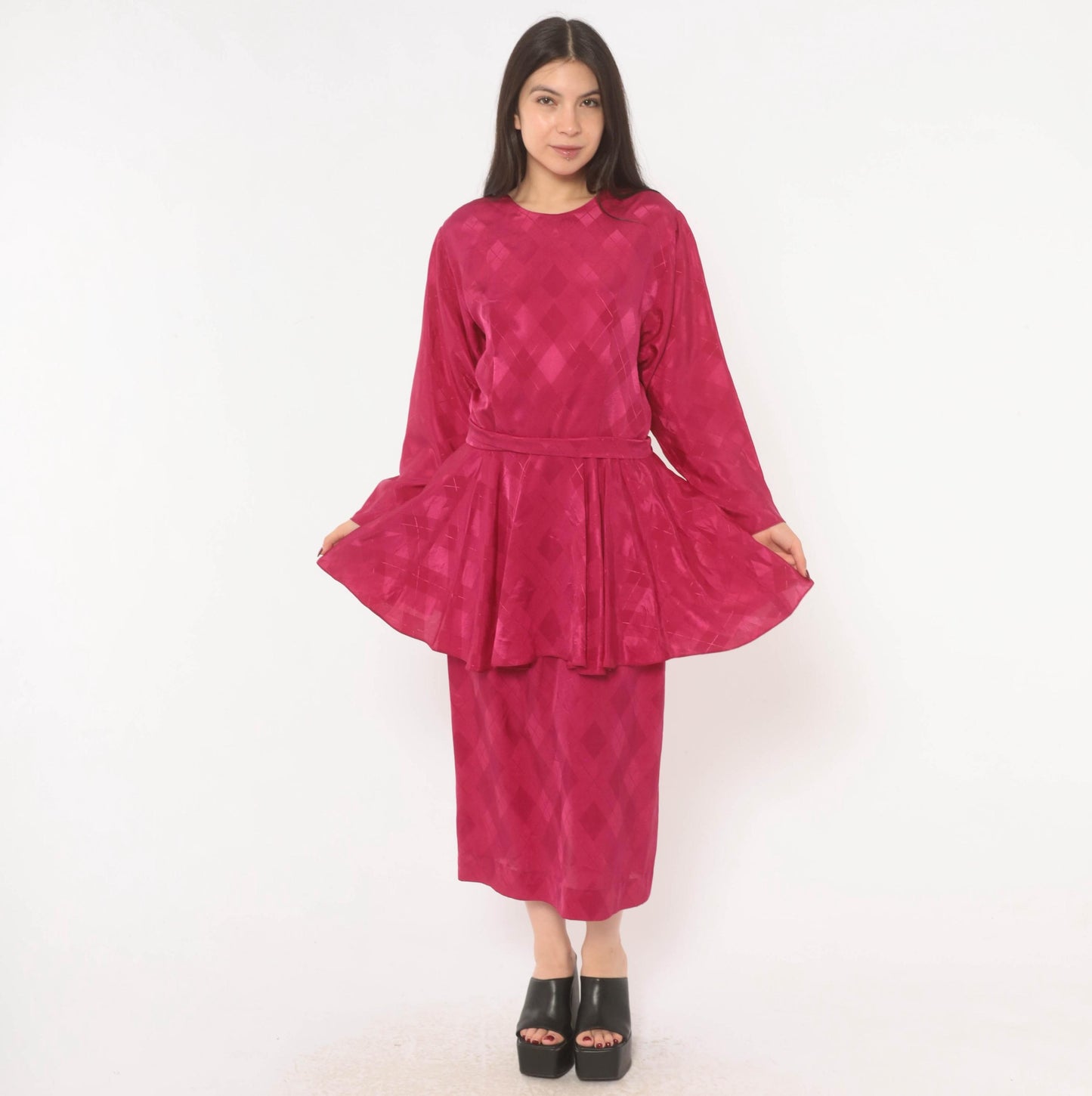80s Fuchsia Peplum Midi Dress Open Back Jacquard Long Sleeve Large L