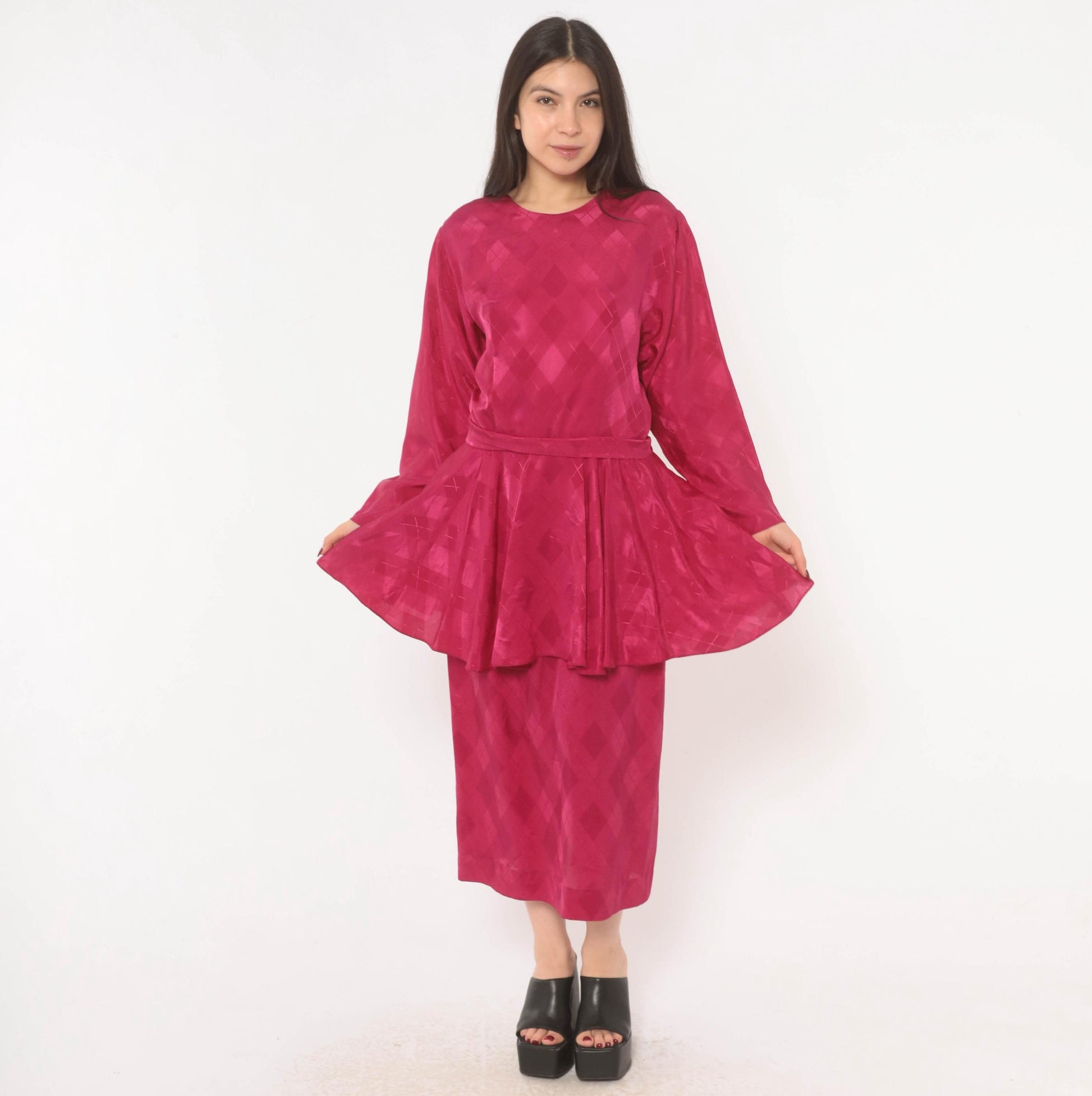 80s Fuchsia Peplum Midi Dress Open Back Jacquard Long Sleeve Large L