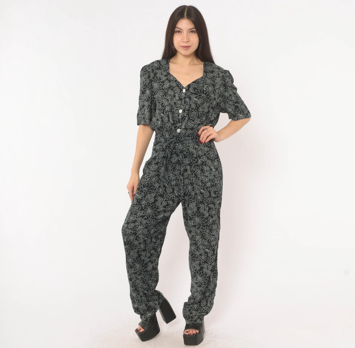 90s Molly Malloy Floral Jumpsuit Black White Dotted Print V Neck Small