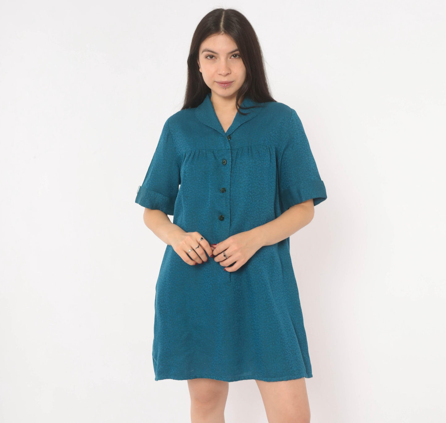 60s Royal Dry Goods Mod Shift Dress Teal Button Front Cotton Medium M
