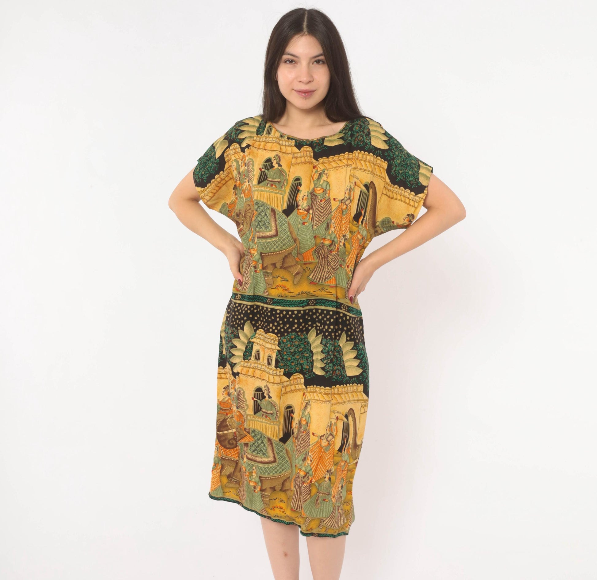 90s Mughal Palace Print Shift Dress Mustard Green Rayon Medium M