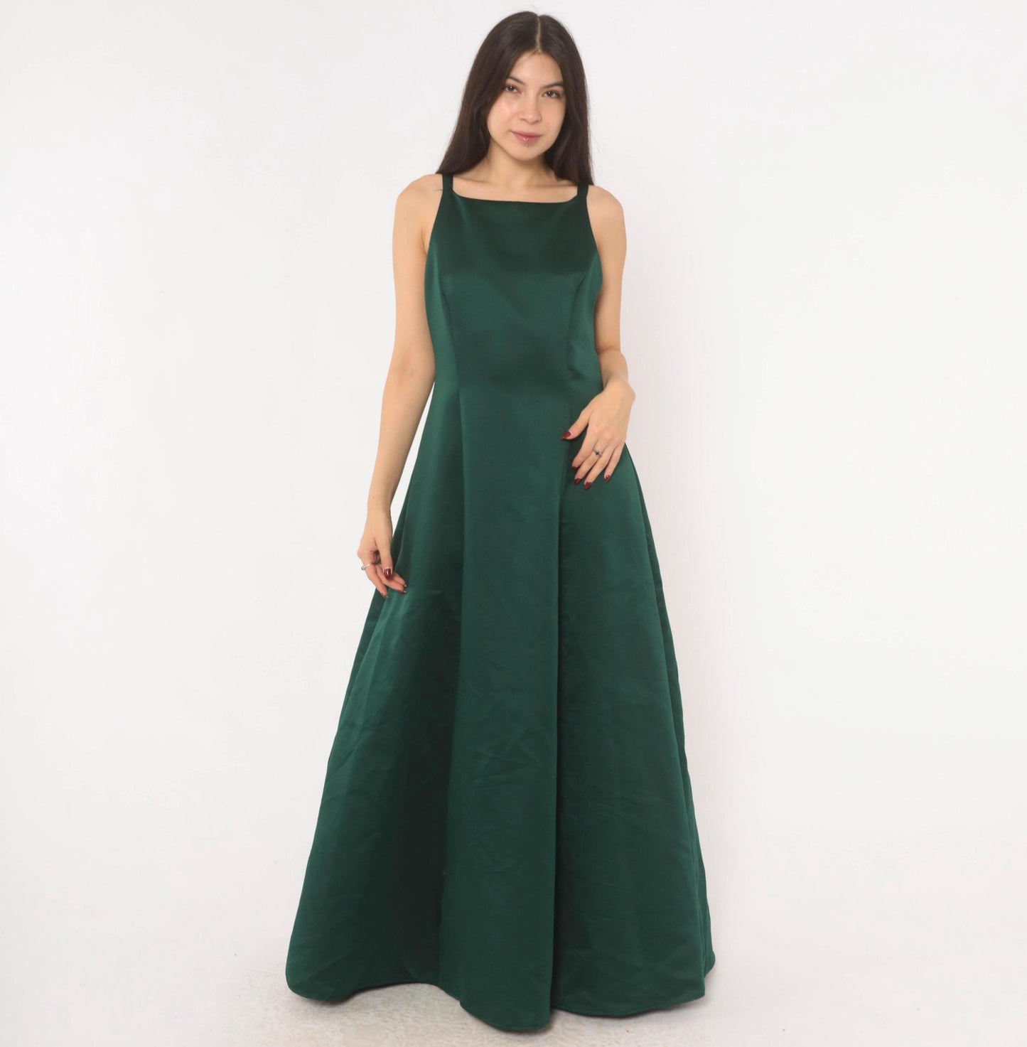 90s Betsy & Adam Emerald Satin Maxi Gown Square Neck A-Line Evening Dress Small