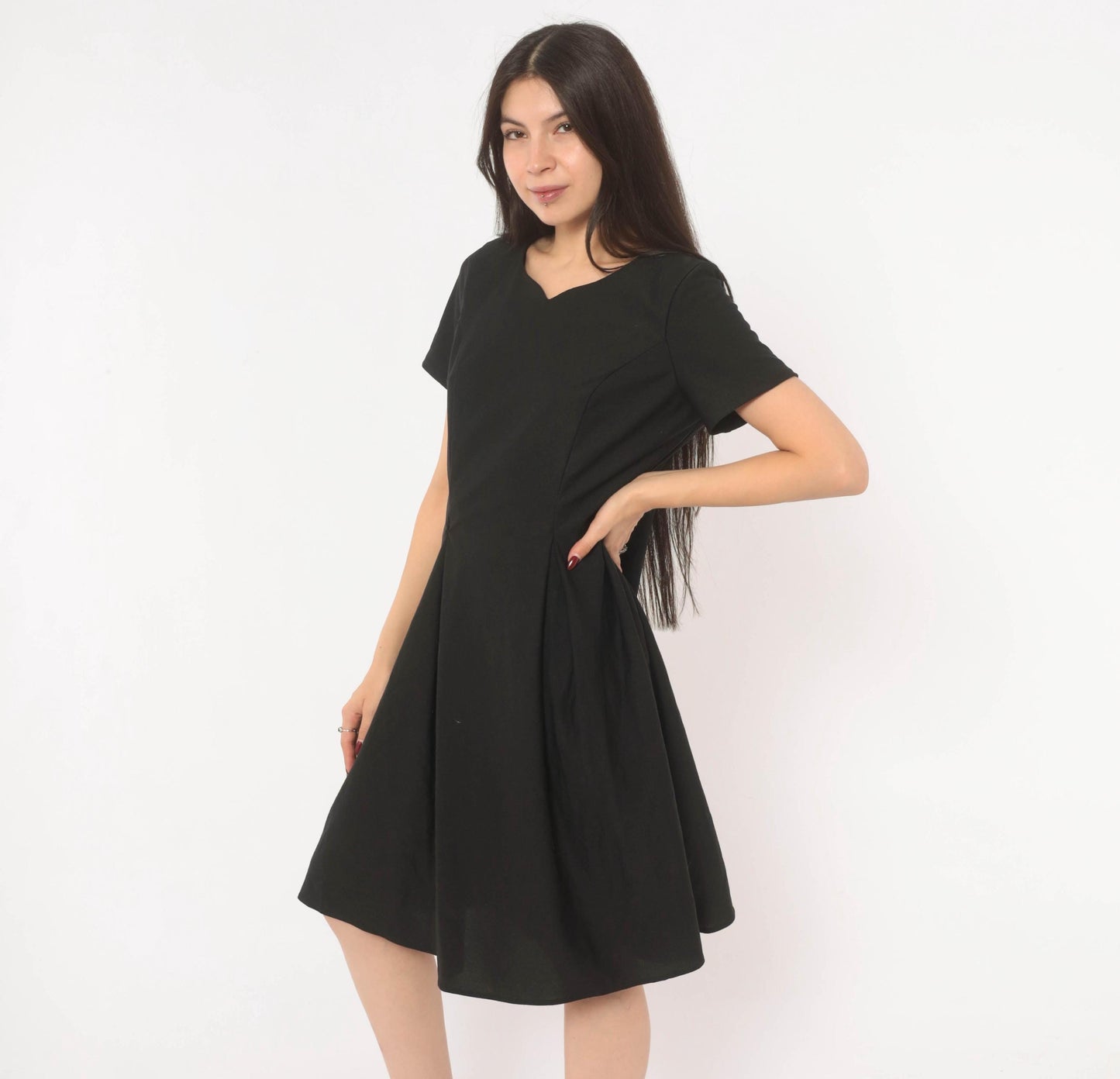 90s Black A-Line Dress Sweetheart Neckline Cap Sleeve Knee-Length Large L