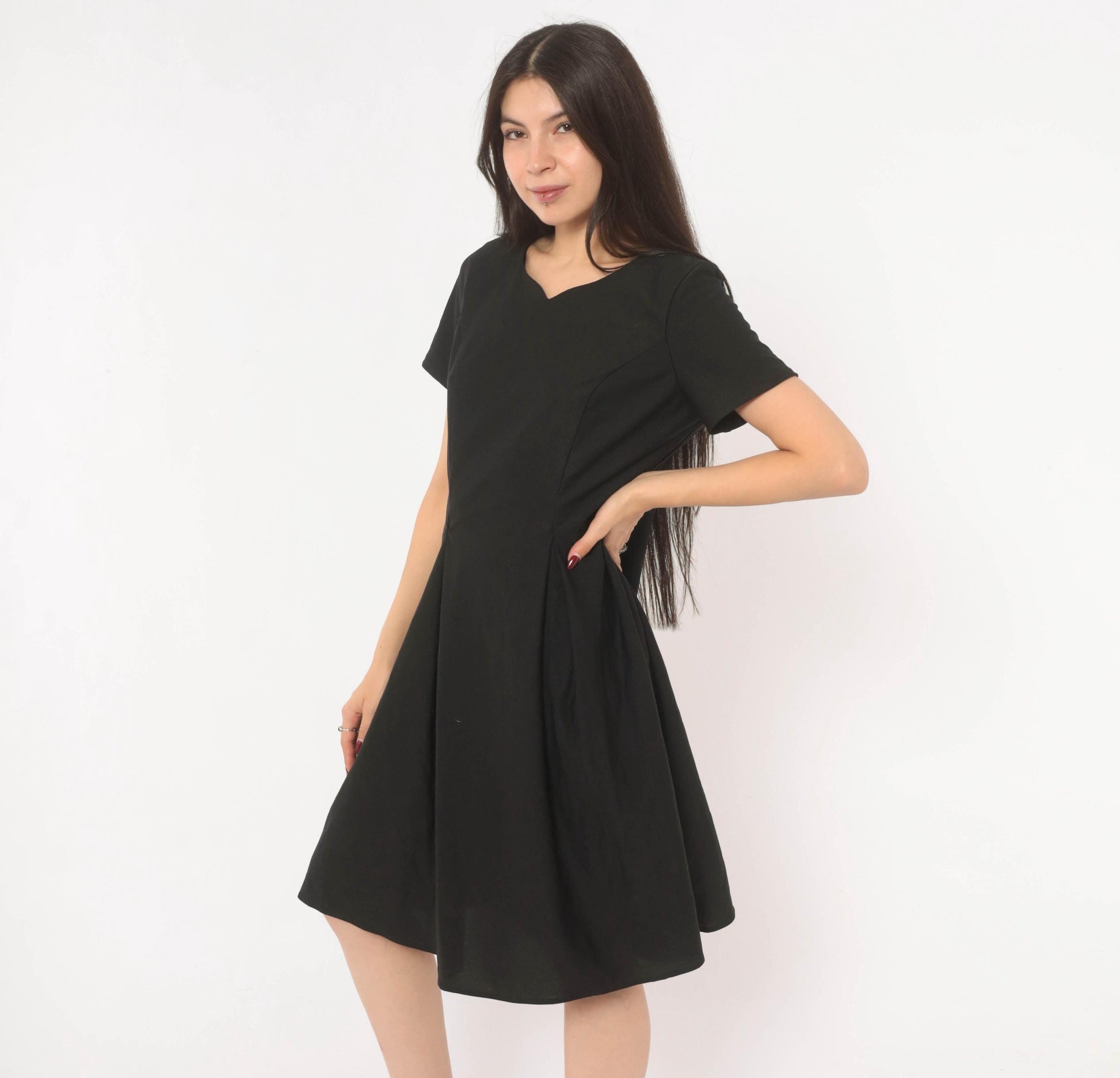 90s Black A-Line Dress Sweetheart Neckline Cap Sleeve Knee-Length Large L
