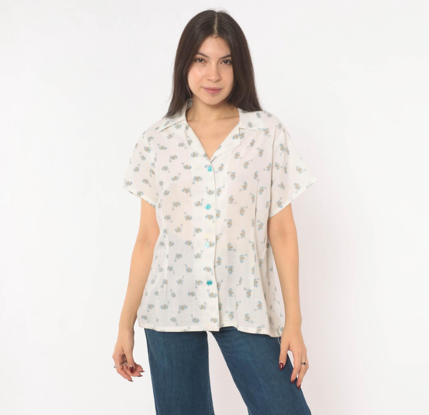 70s White Floral Camp Collar Shirt Cotton Blue Ditsy Print Large L