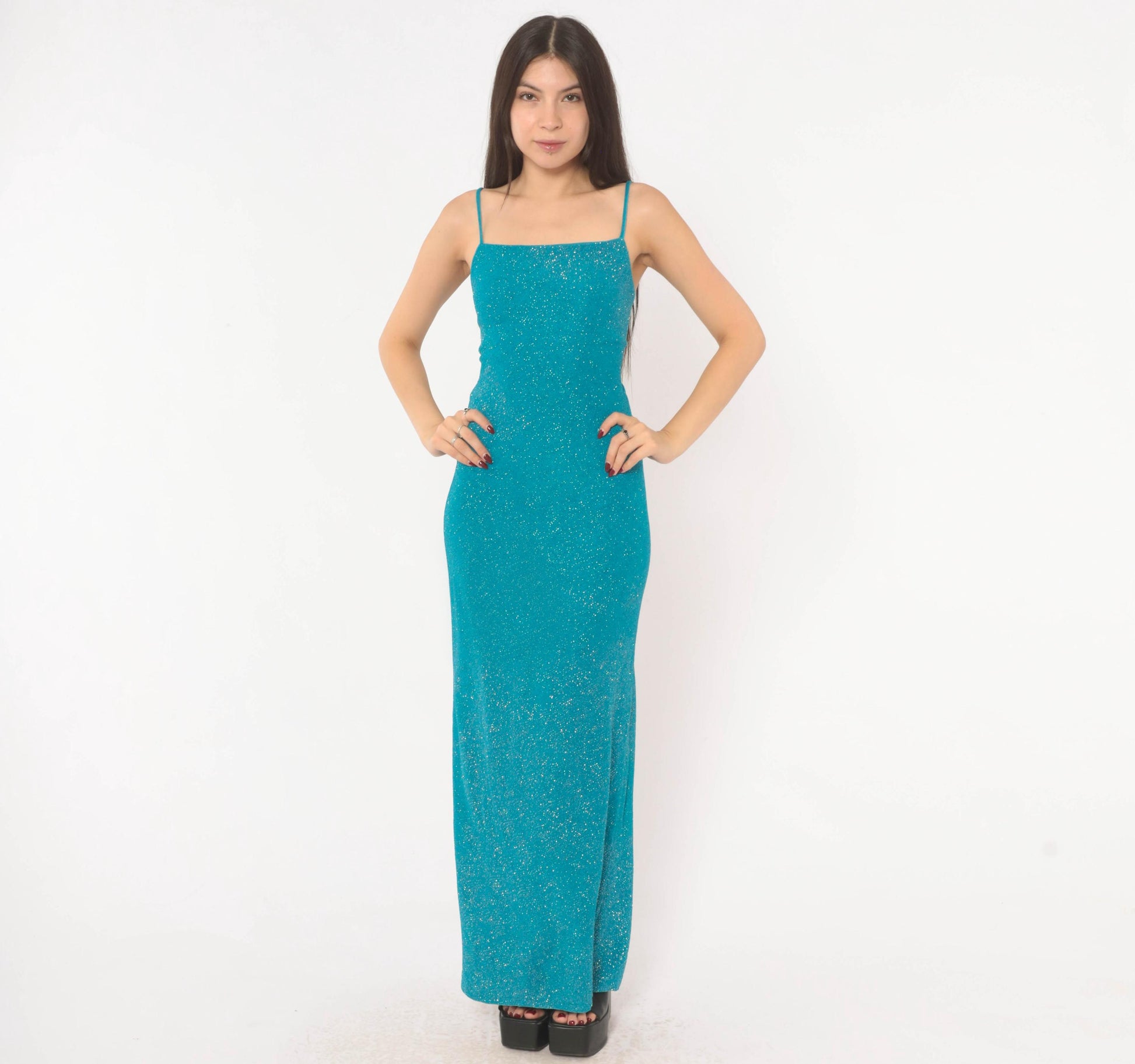 2000s City Triangles Teal Glitter Maxi Dress Lace-Up Back Small