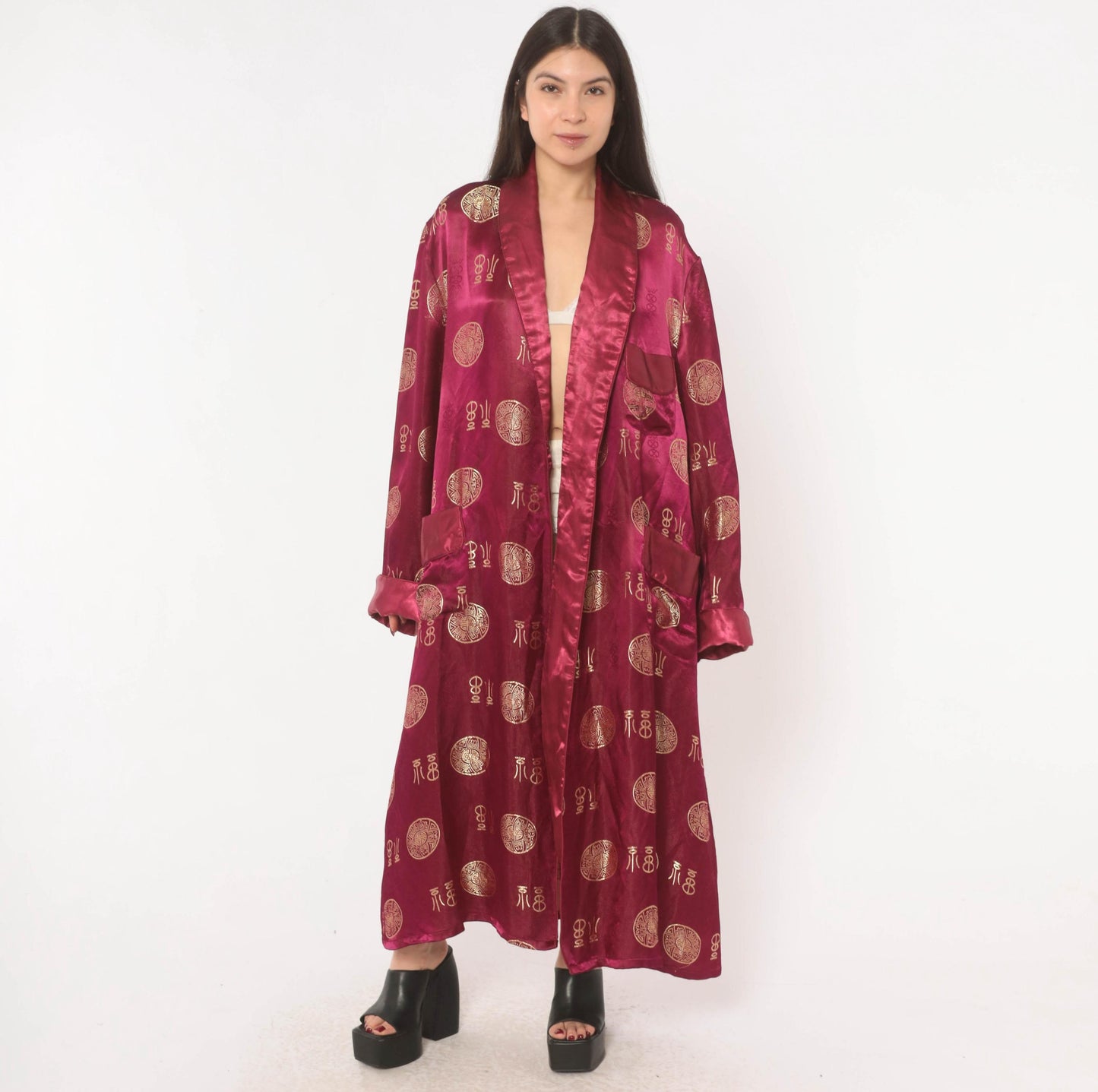 90s Magenta Satin Robe Gold Jacquard Medallion Kimono Maxi Duster Large L