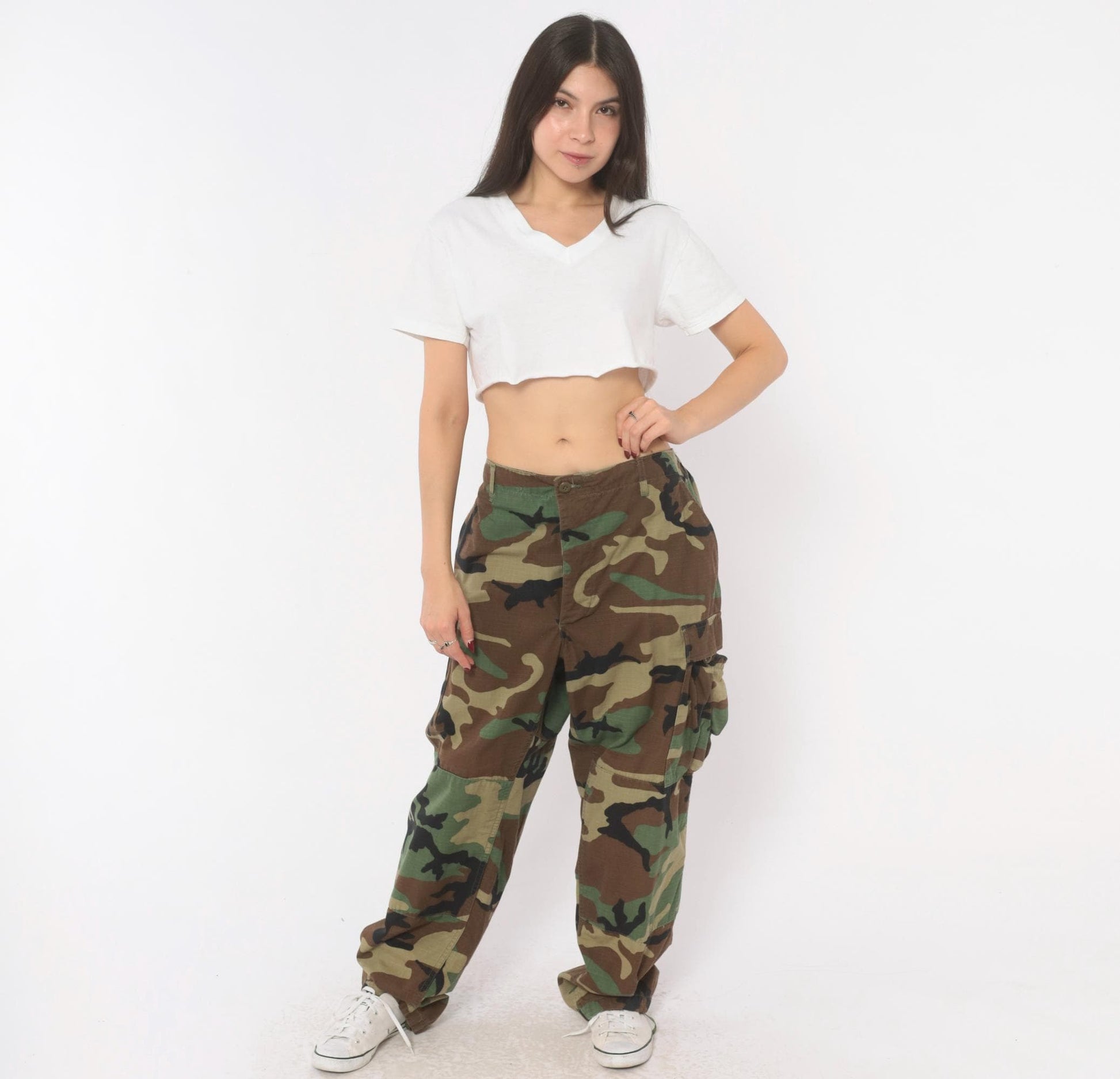 Y2K Woodland Camo Cargo Pants Olive Brown Ripstop Military BDU Large L