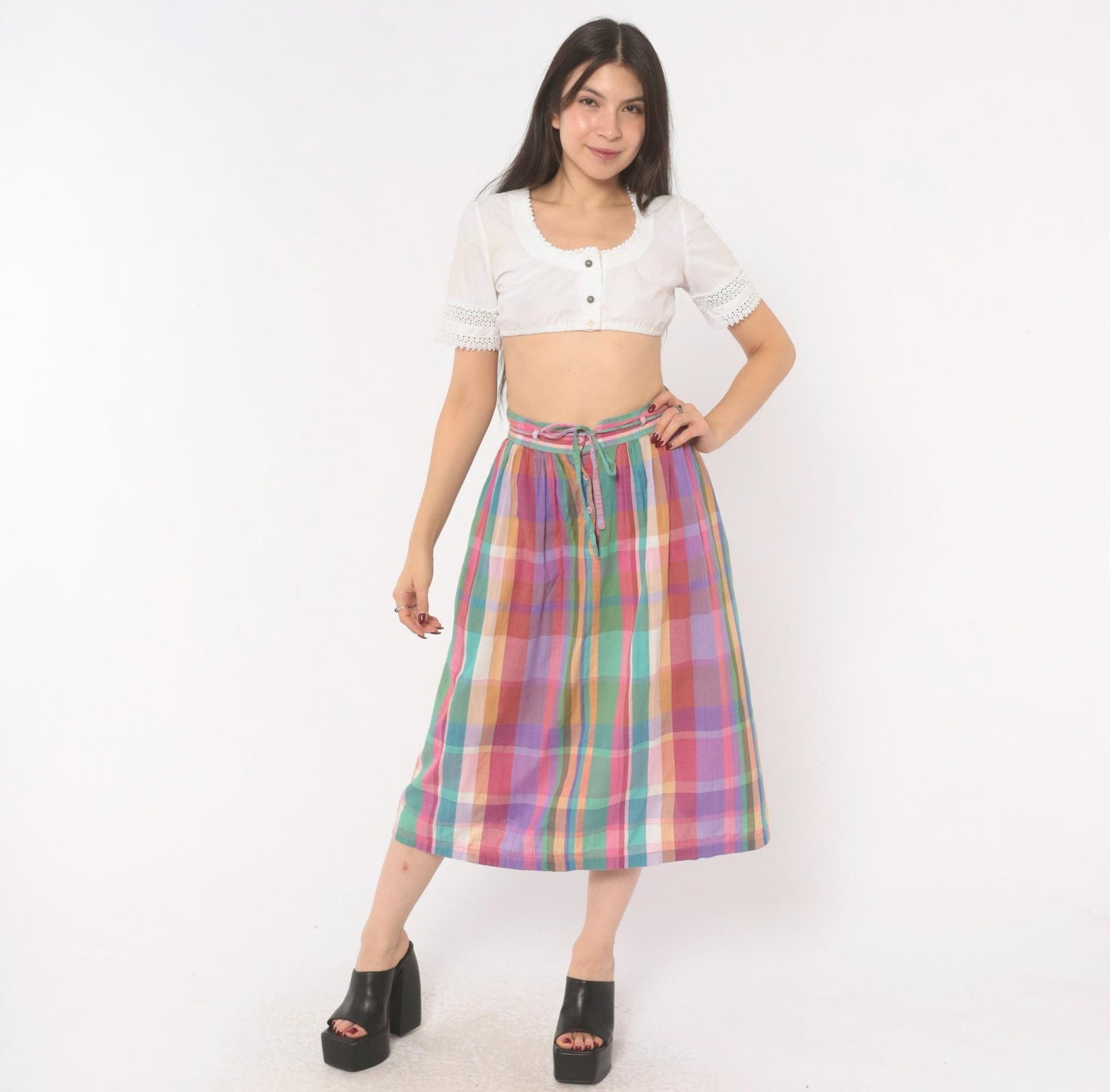 80s Michel Madras Plaid Cotton Midi Skirt Gathered A-Line Pink Teal Small