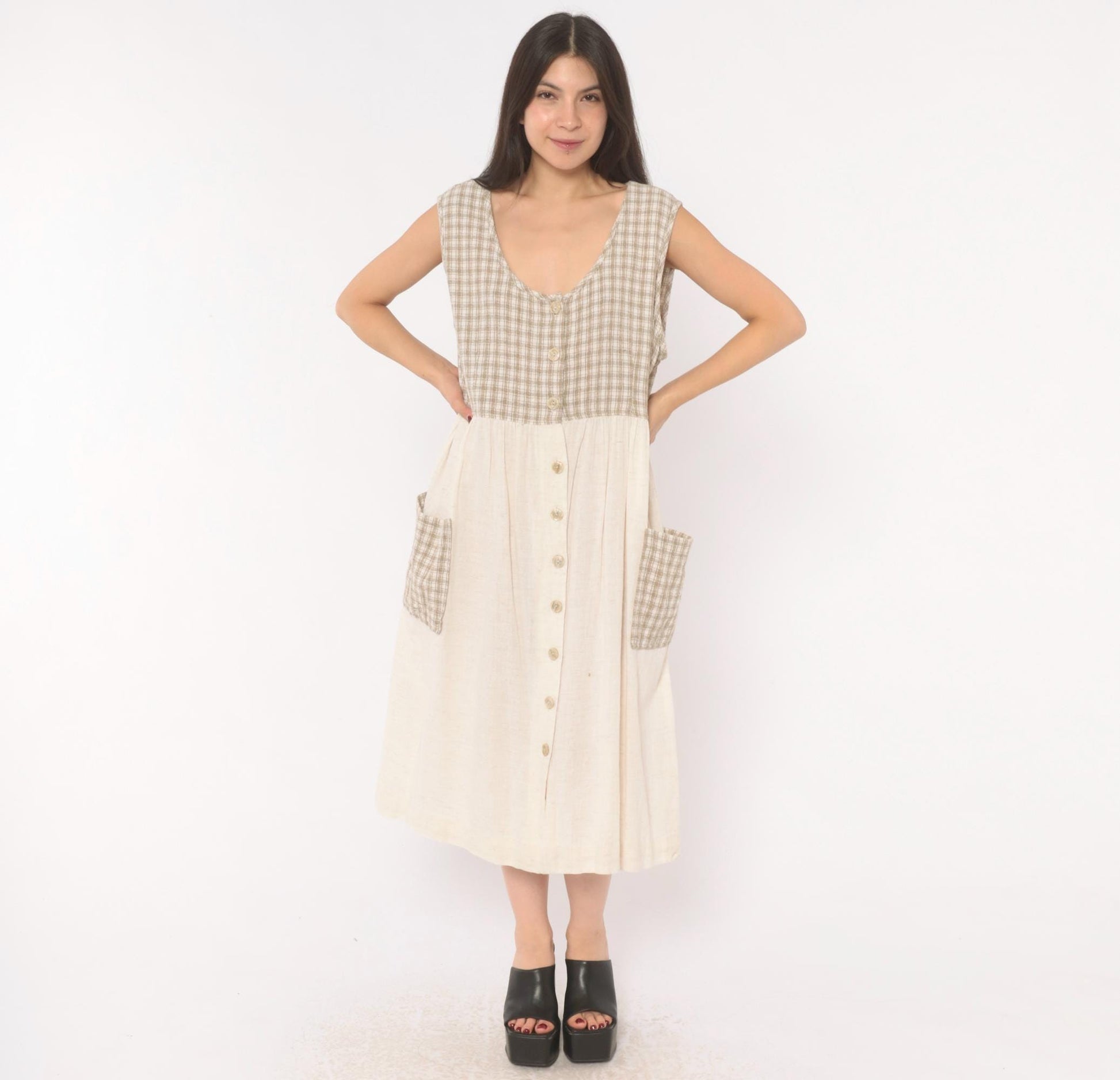 90s Two Twenty Gingham Midi Jumper Dress Tan Cream Cotton Linen Large