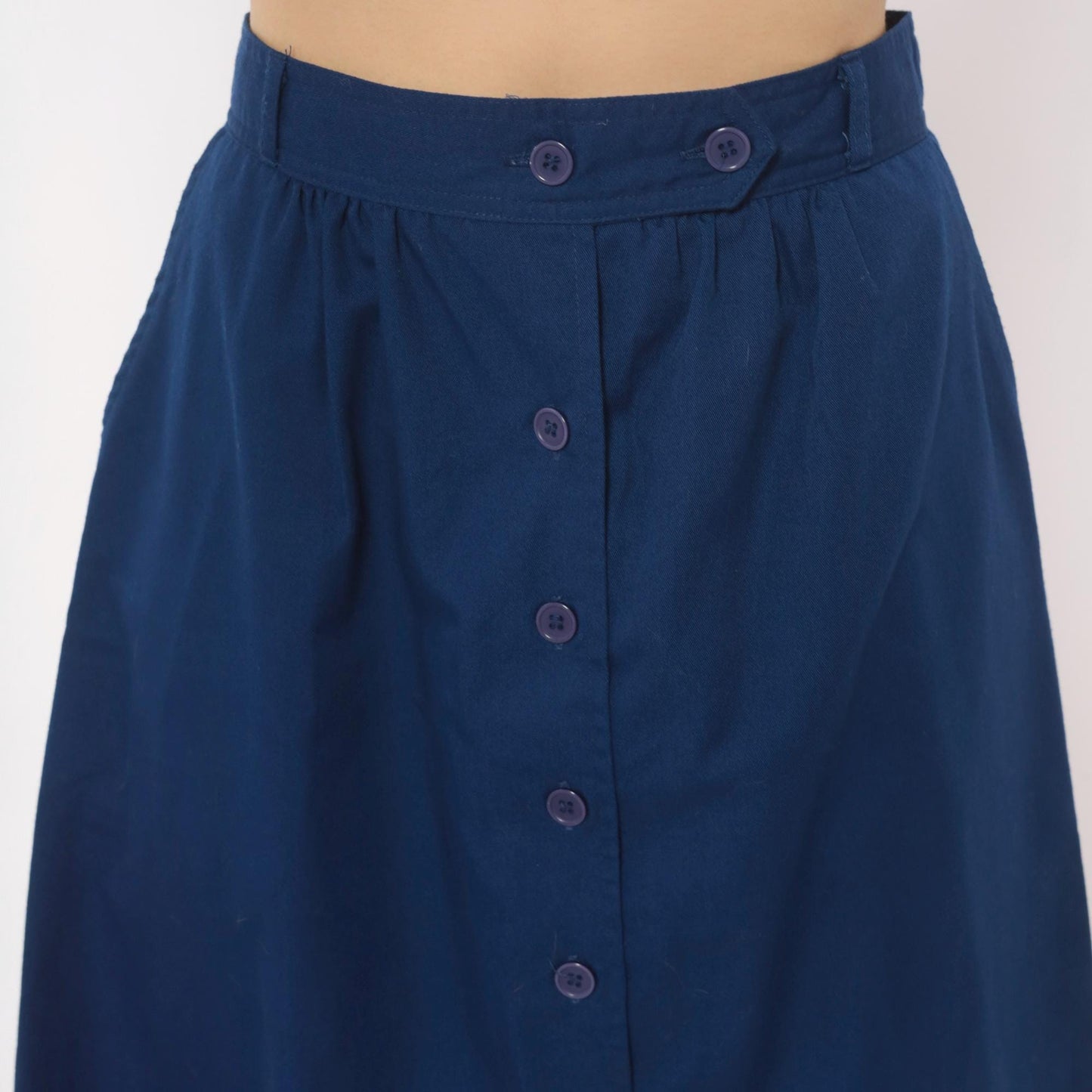 80s Navy Button Front A-Line Skirt Cotton Knee Length Medium M
