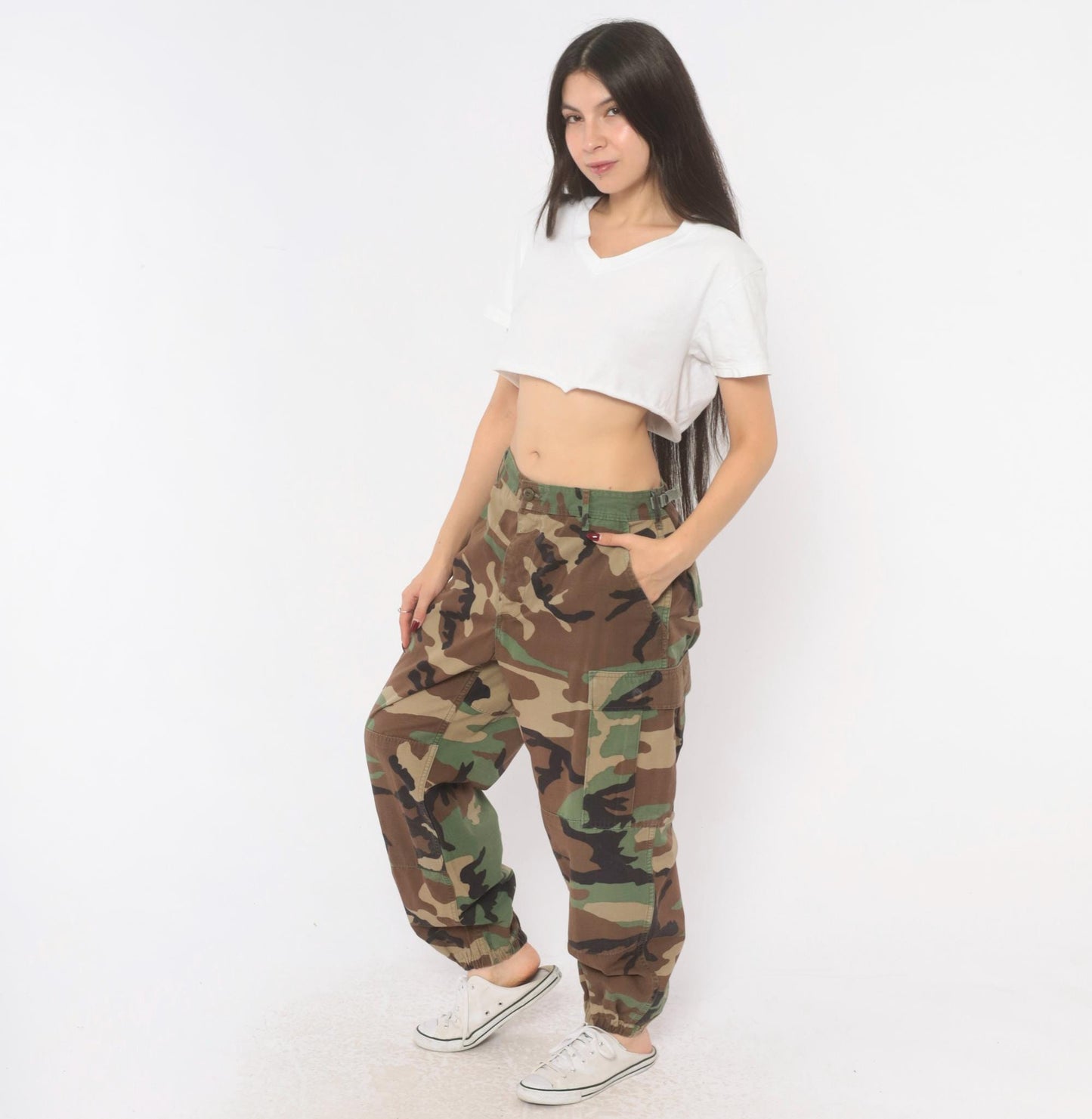 90s American Apparel Woodland Camo Cargo Pants Tapered Olive Medium M