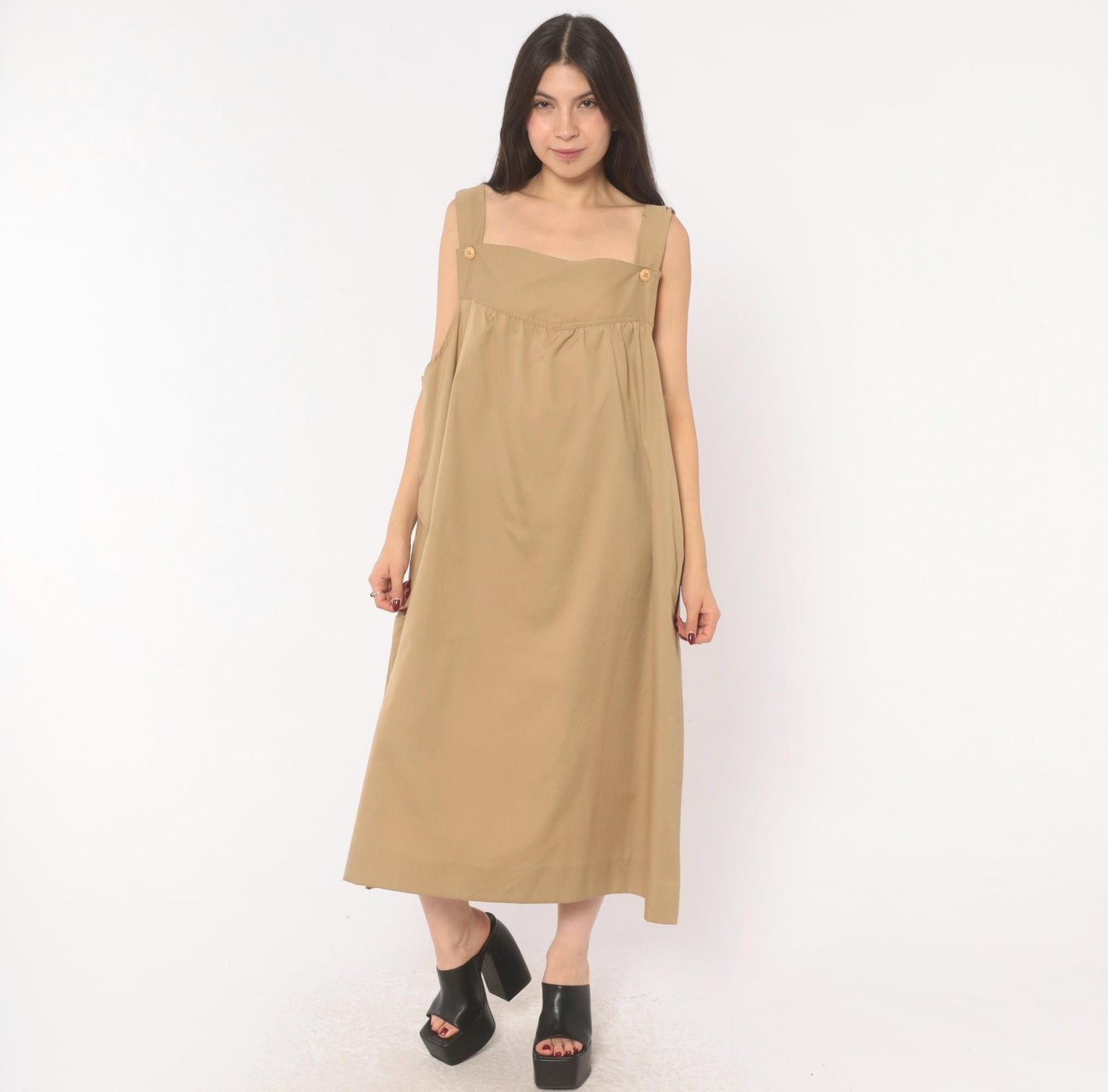 80s Tan Cotton Jumper Dress Square Neck Button Strap Midi Pinafore Large L