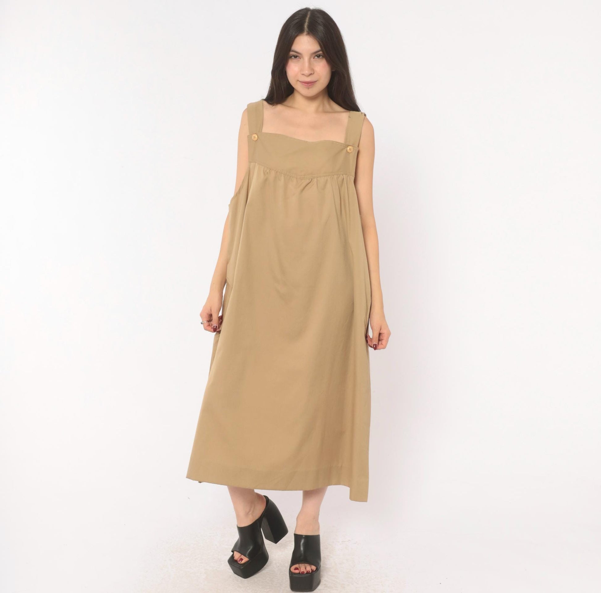 80s Tan Cotton Jumper Dress Square Neck Button Strap Midi Pinafore Large L