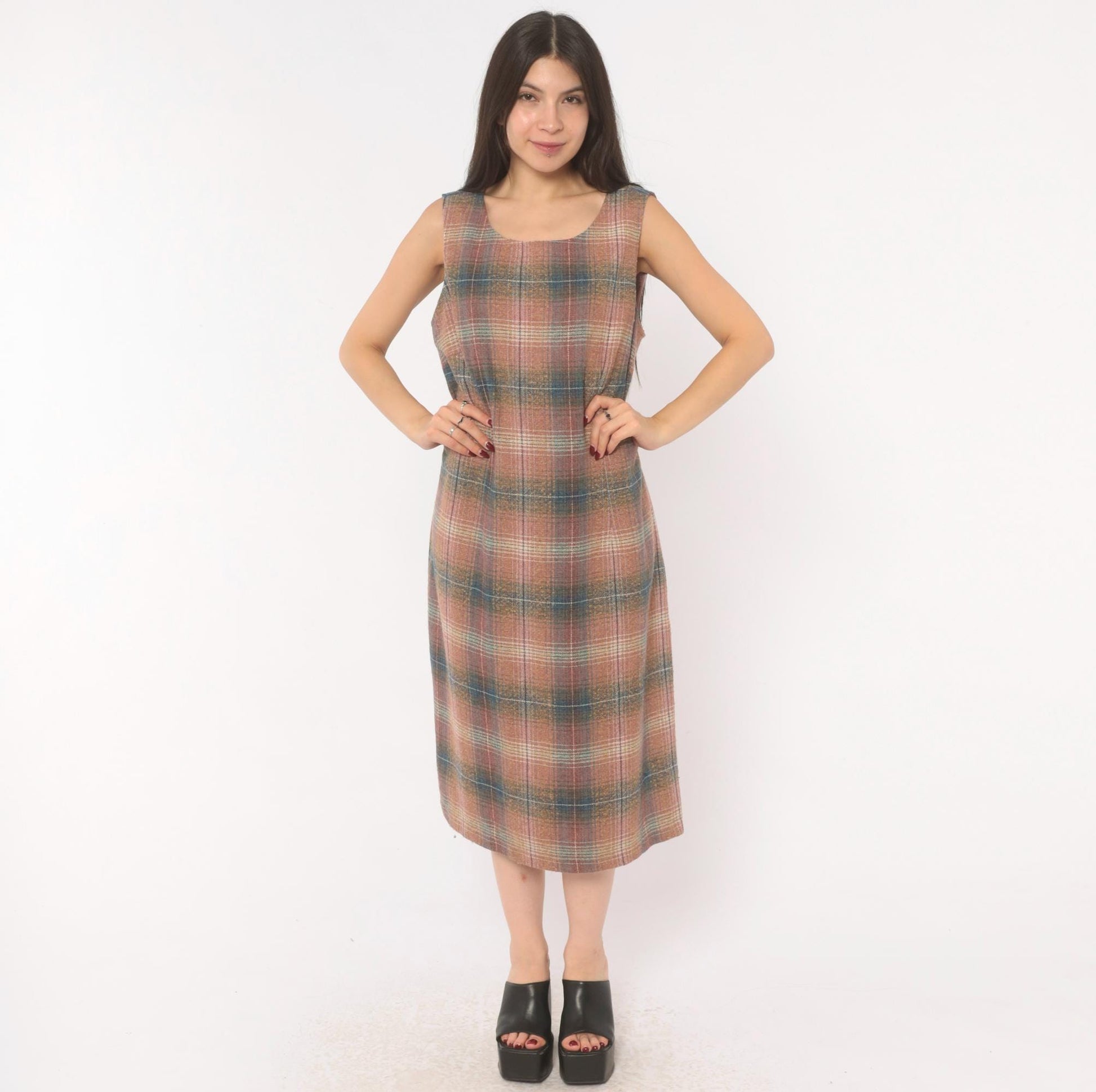 Y2K Chadwicks Plaid Wool Midi Dress Sleeveless A-Line Pink Teal Large L