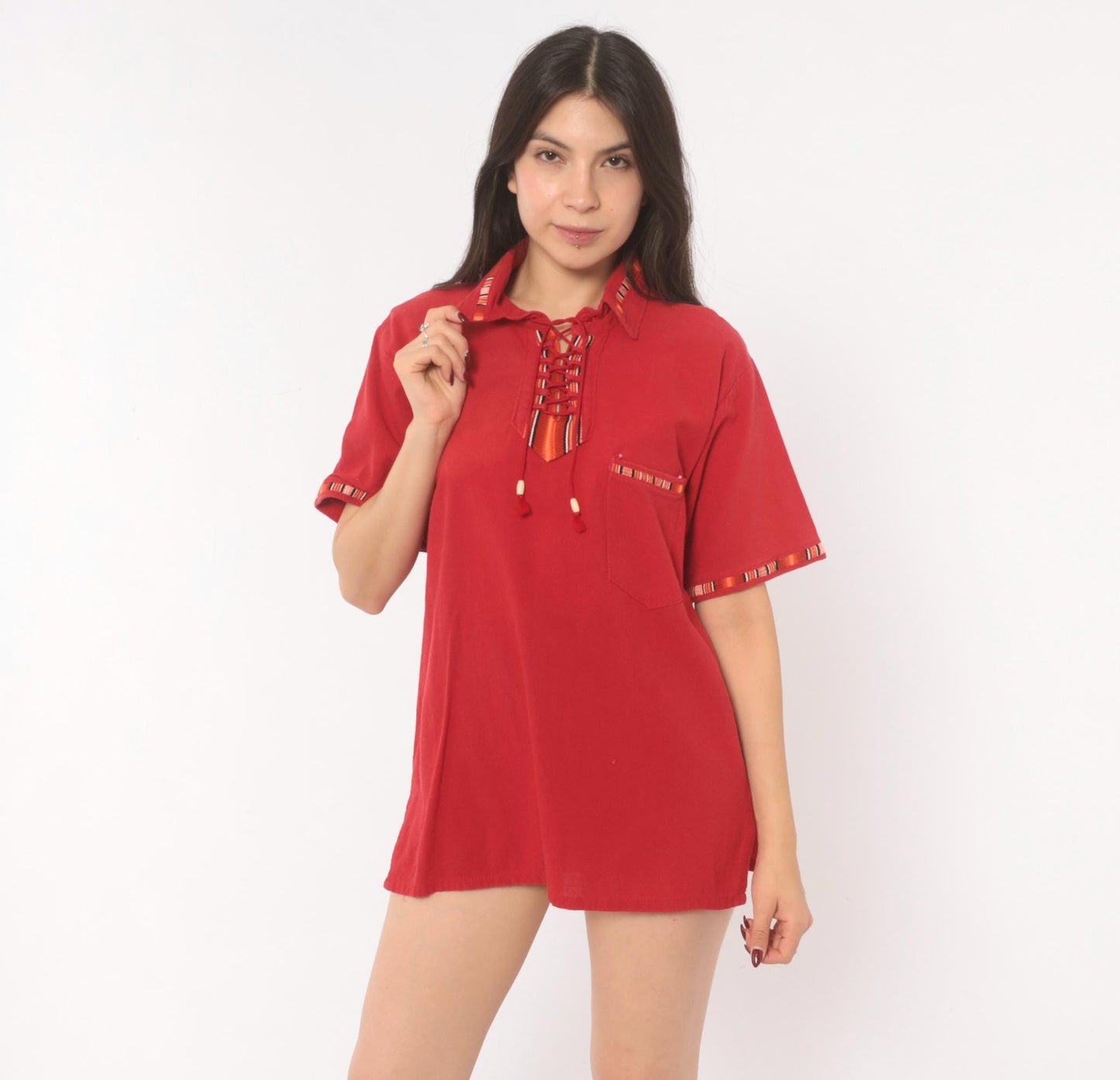 90s Red Cotton Lace-Up Tunic Shirt Southwestern Woven Trim Tassels Medium