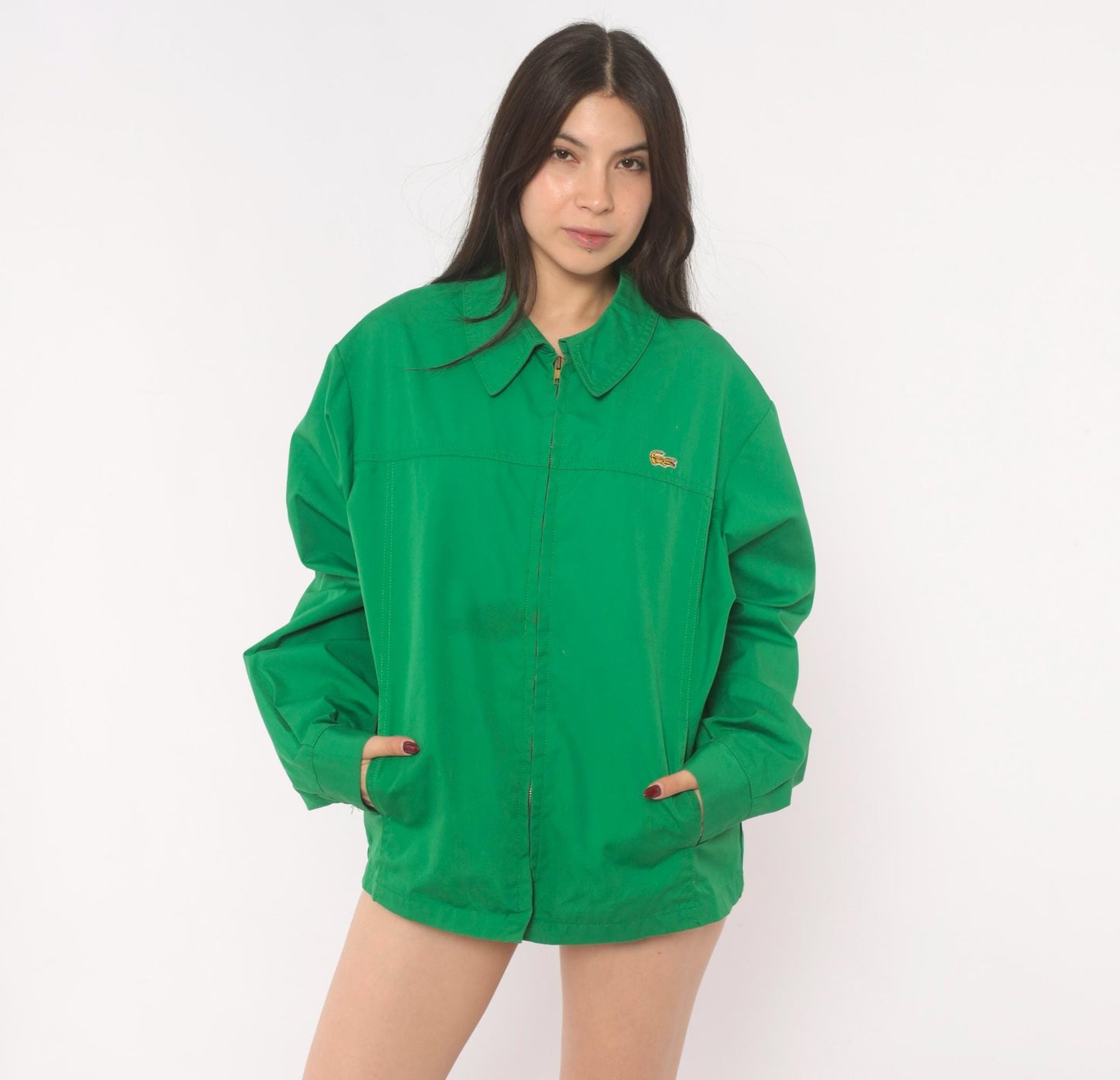 70s Alligator Green Zip Front Windbreaker Cotton Jacket Medium