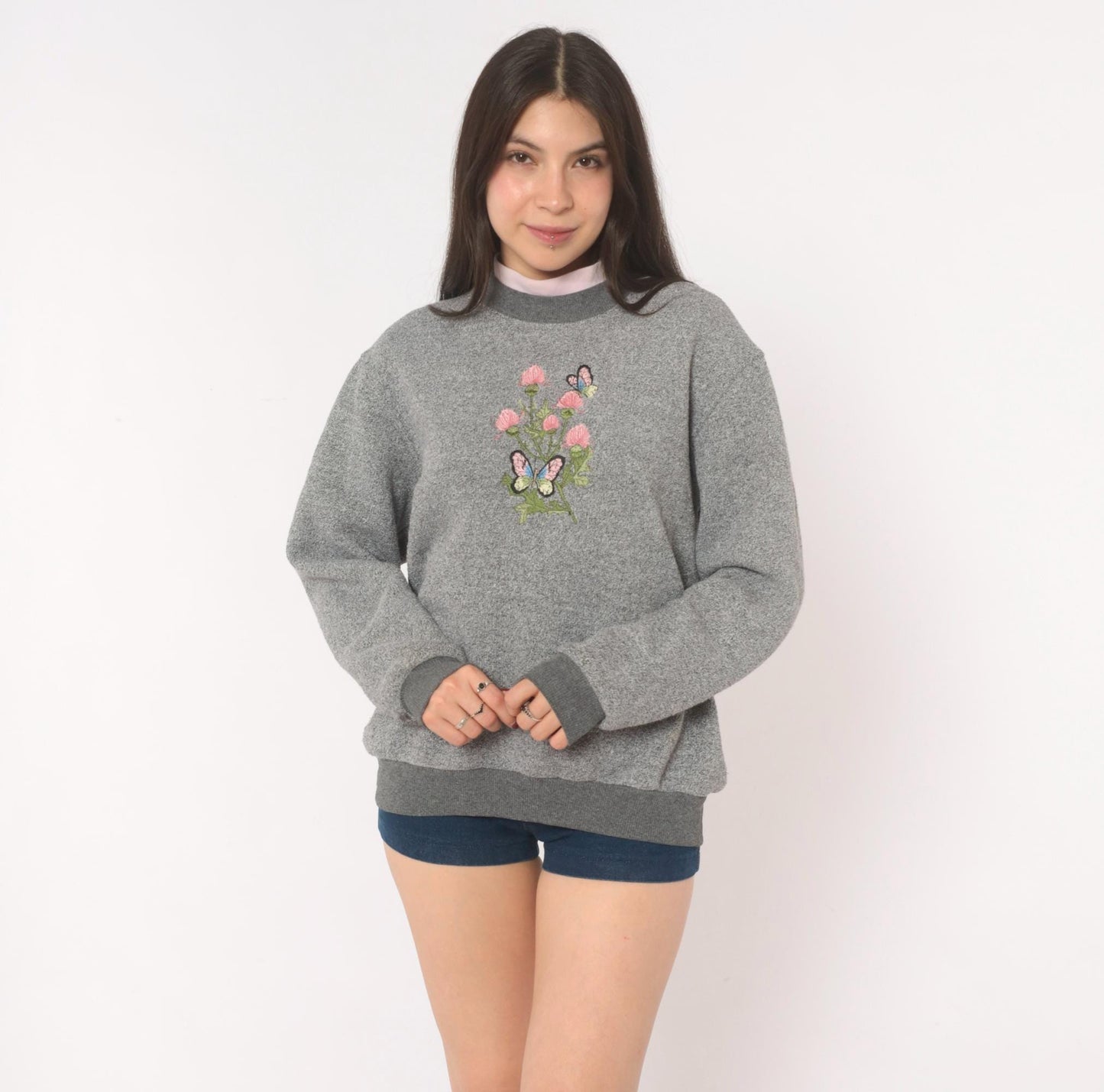 90s Bonworth Embroidered Butterfly Floral Sweatshirt Grey Crewneck Large L