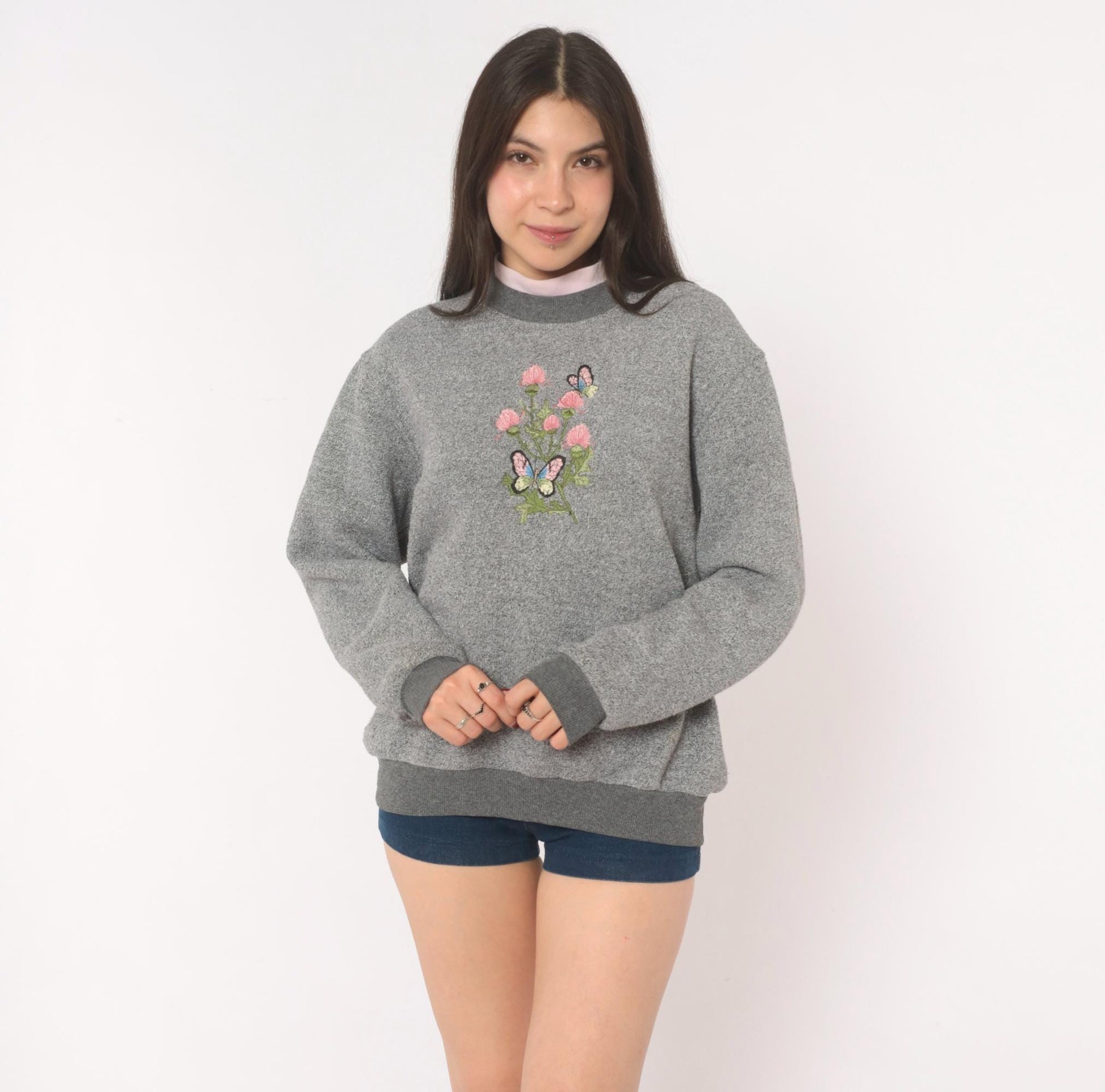 90s Bonworth Embroidered Butterfly Floral Sweatshirt Grey Crewneck Large L