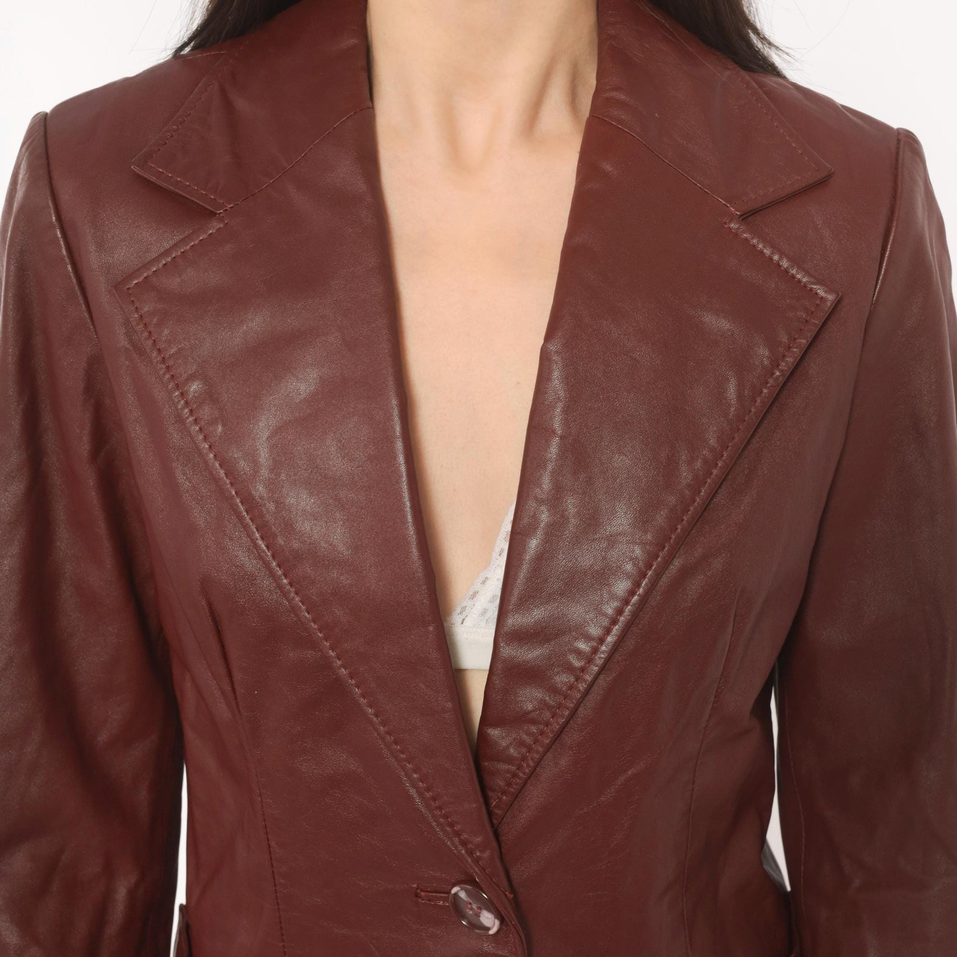 70s Burgundy Leather Blazer Single Button Notched Lapel Fitted Waist XS