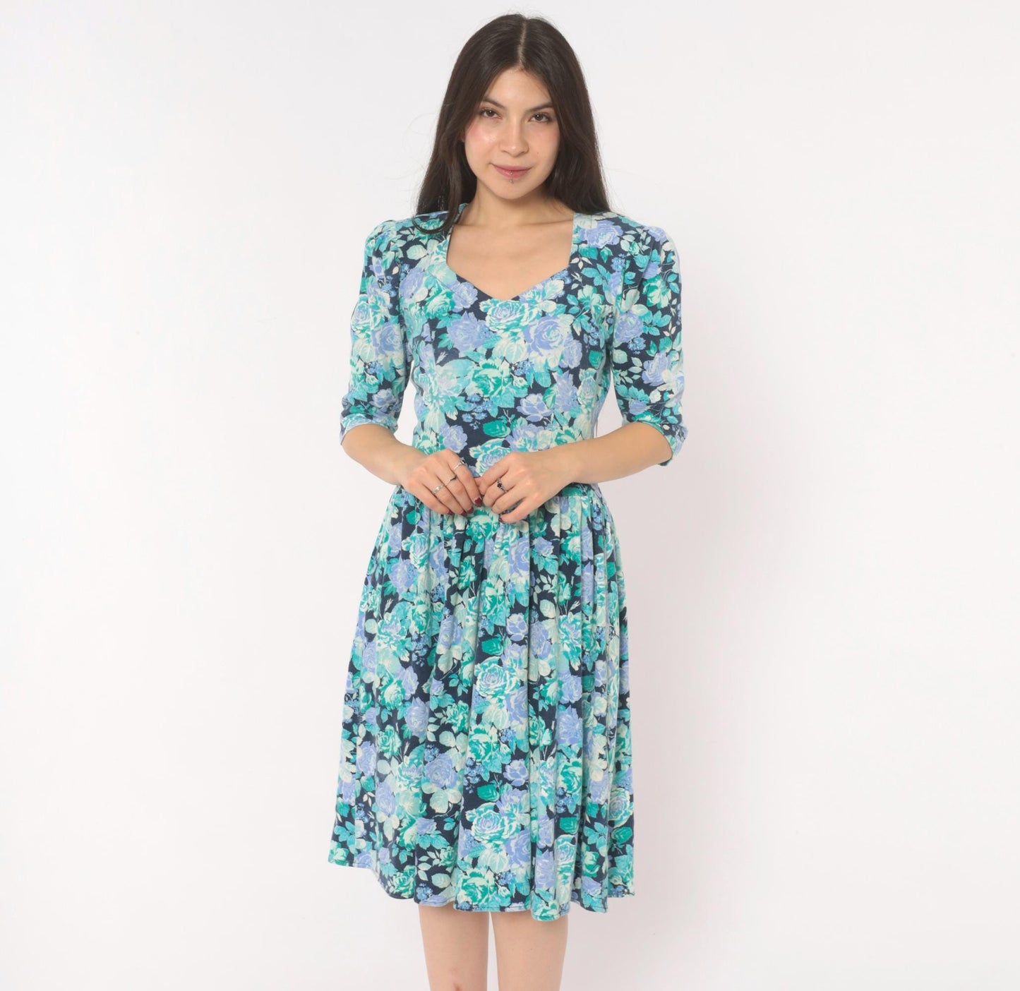 80s Stash Floral Dress Rose Print Sweetheart Neckline Puff Sleeve Navy Extra Small XS