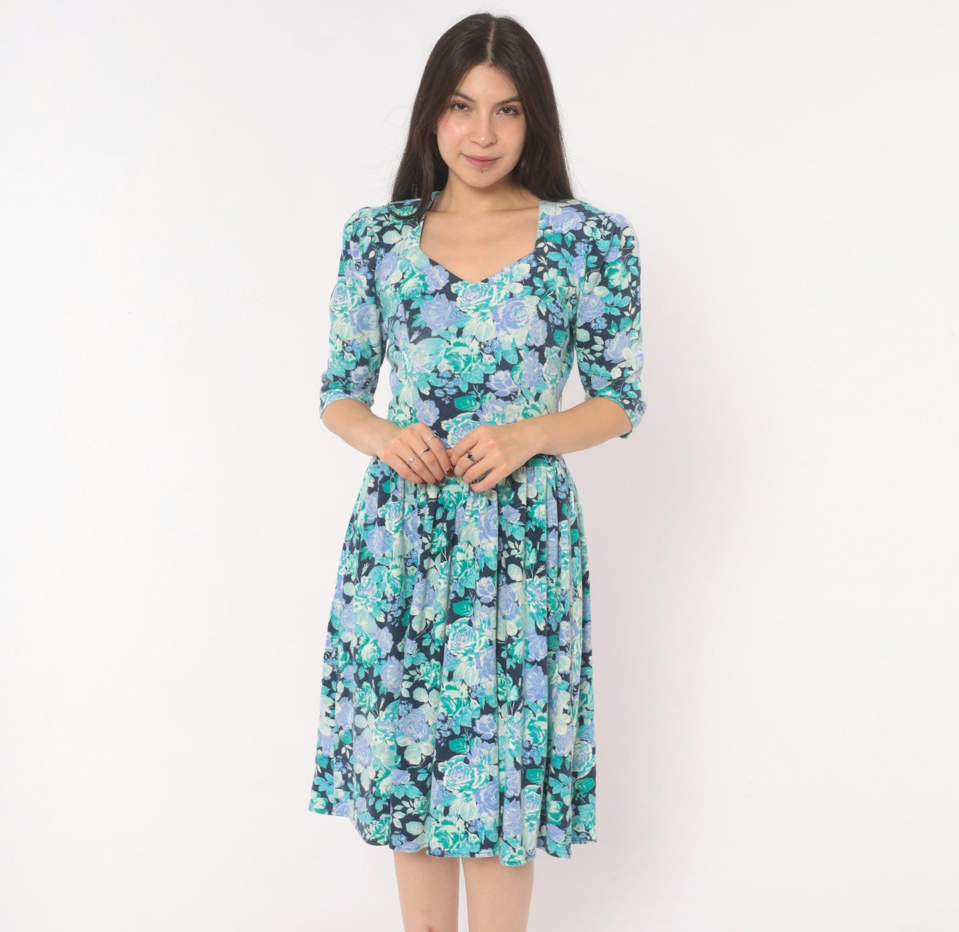 80s Stash Floral Dress Rose Print Sweetheart Neckline Puff Sleeve Navy Extra Small XS