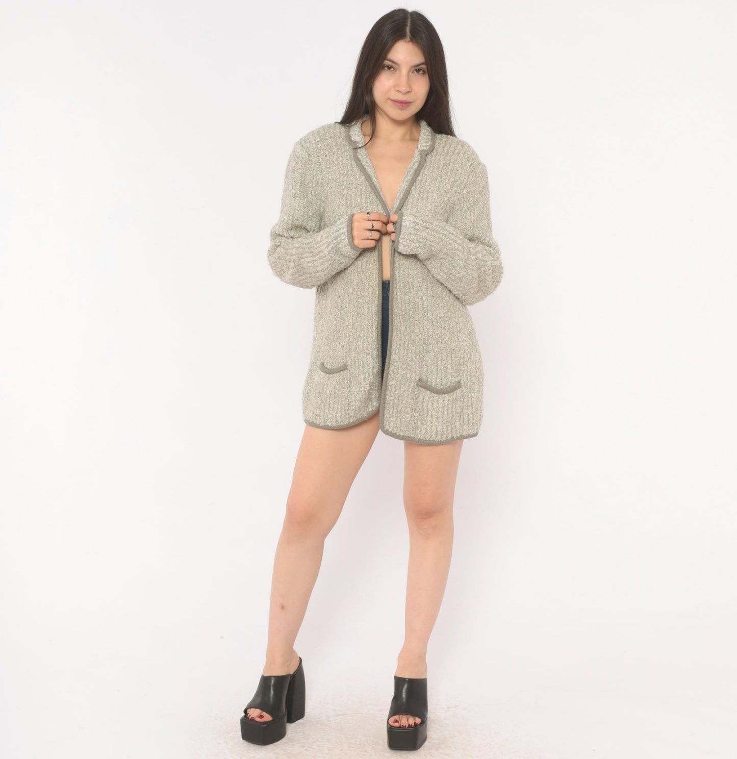 70s Harrington Square Bouclé Cardigan Grey Patch Pocket Knit Large L