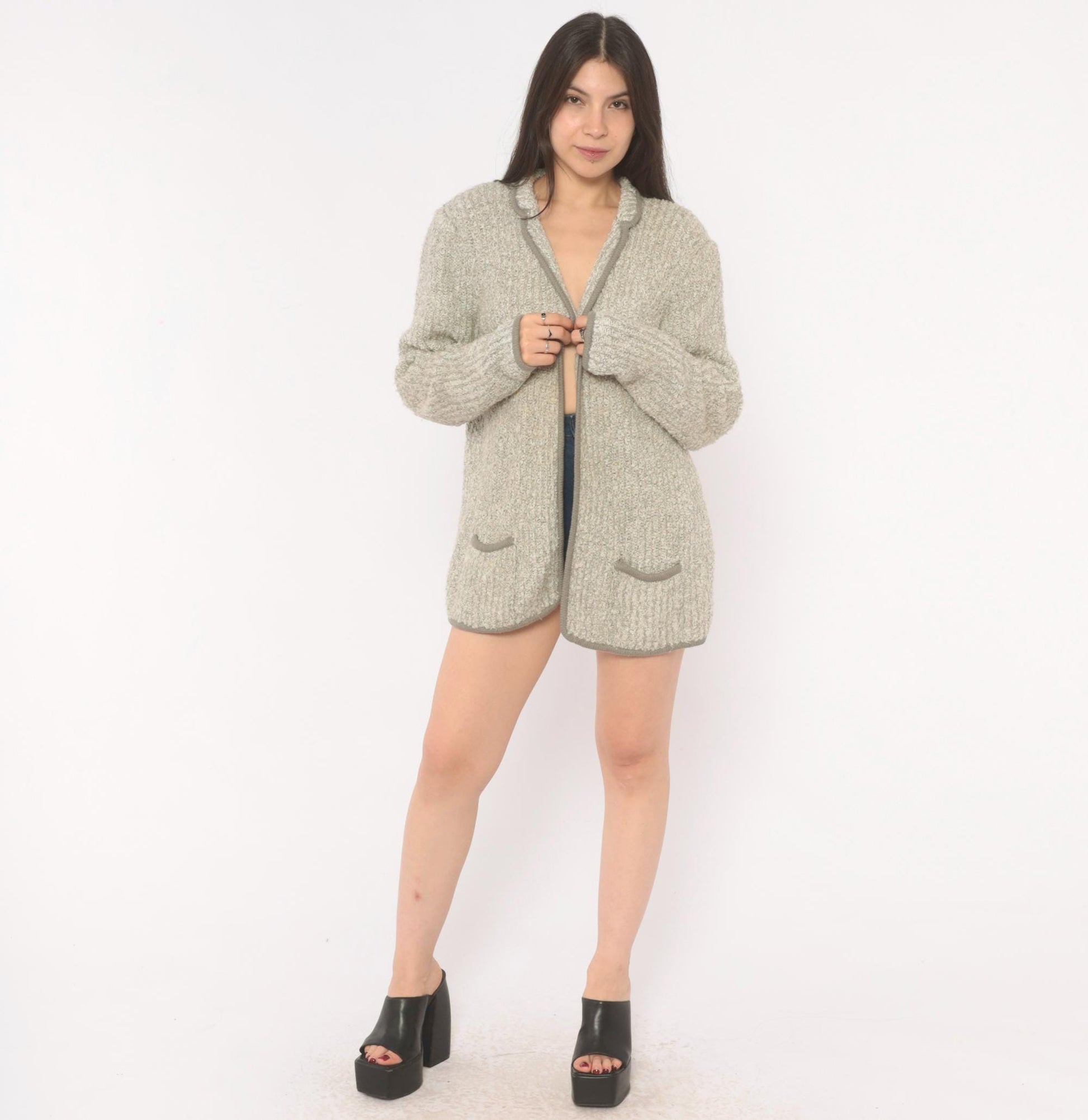 70s Harrington Square Bouclé Cardigan Grey Patch Pocket Knit Large L