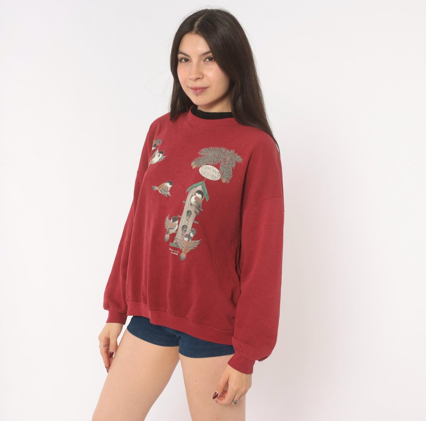 90s Morning Sun Burgundy Bird Birdhouse Crewneck Sweatshirt Cotton Large L