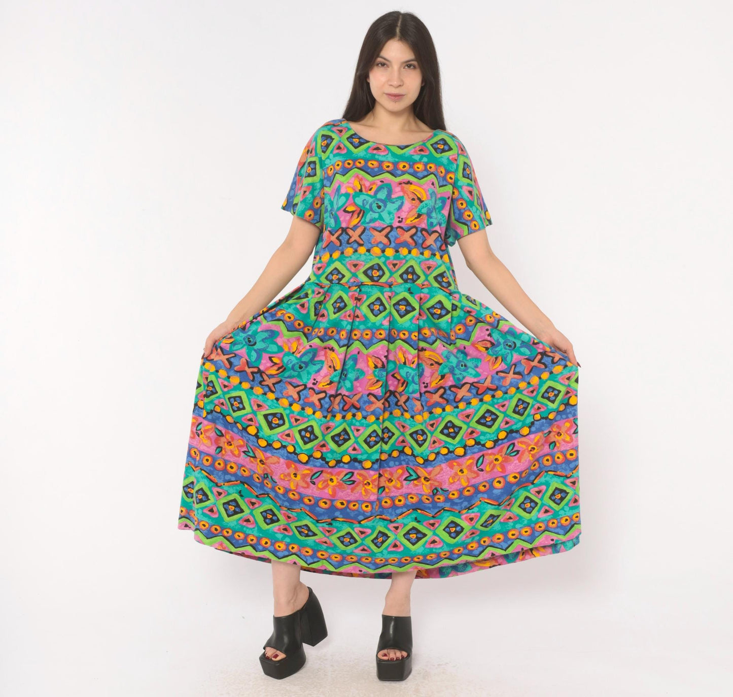 90s Sabino Geometric Tribal Print Maxi Dress Teal Pink Yellow Large L