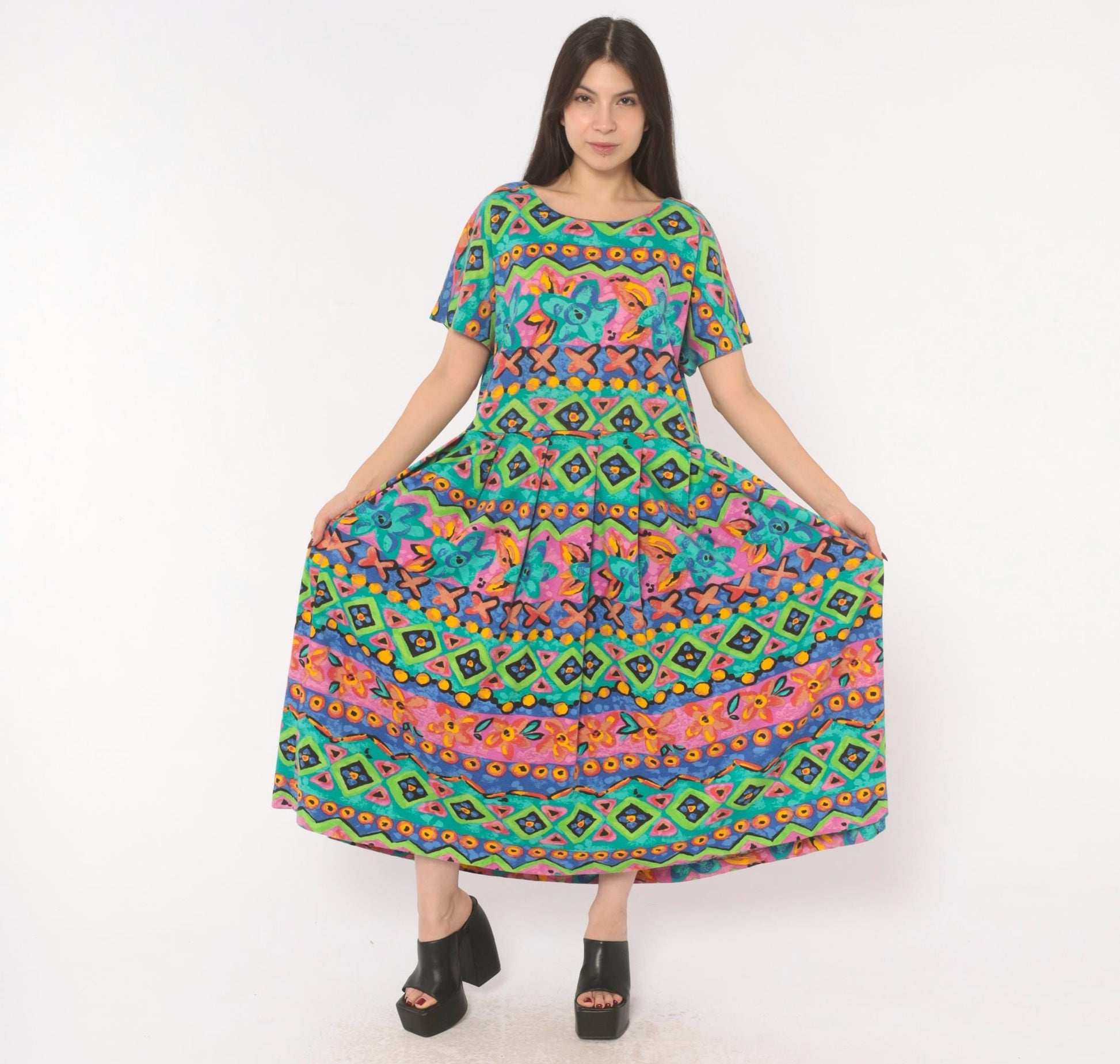 90s Sabino Geometric Tribal Print Maxi Dress Teal Pink Yellow Large L