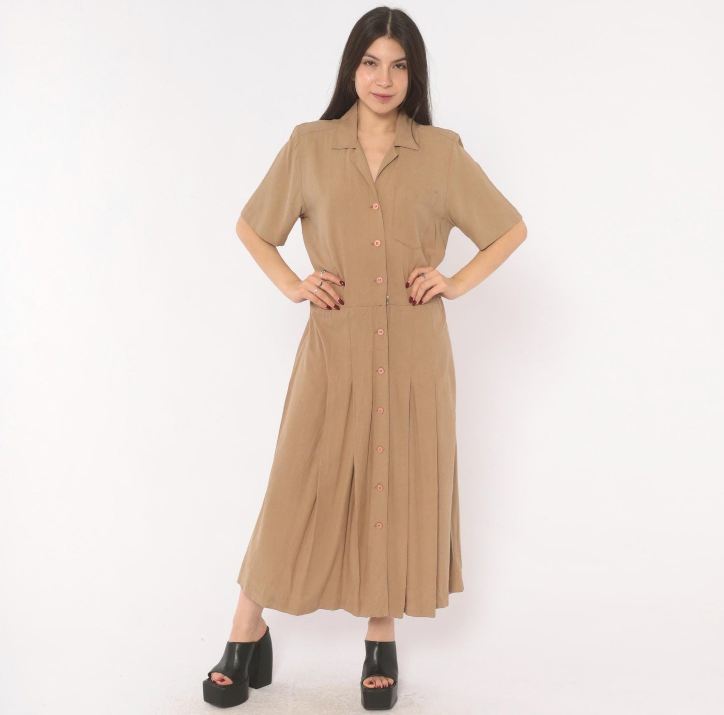 90s Liz Claiborne Silk Maxi Shirt Dress Tan Camp Collar Pleated Medium M