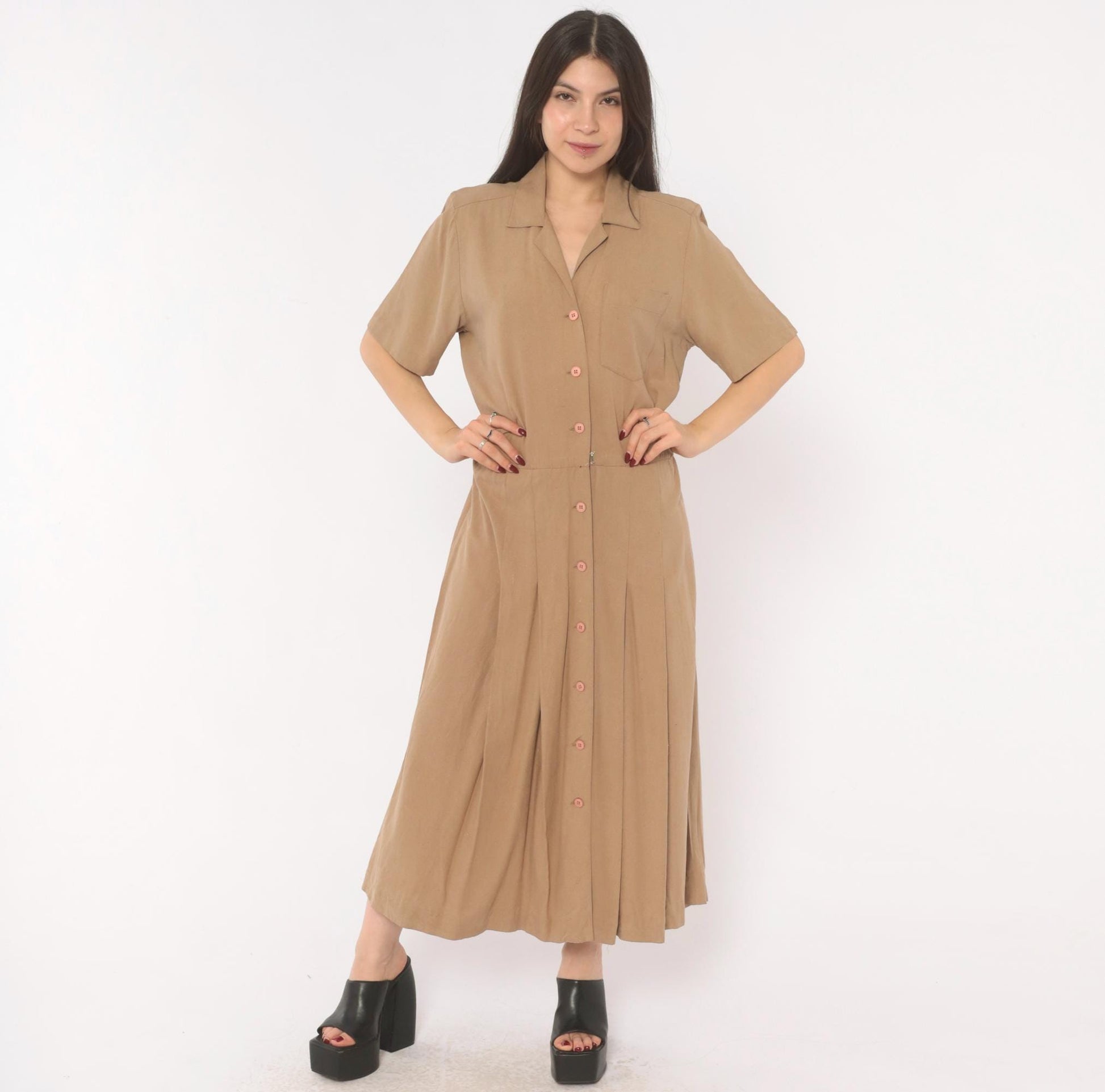 90s Liz Claiborne Silk Maxi Shirt Dress Tan Camp Collar Pleated Medium M