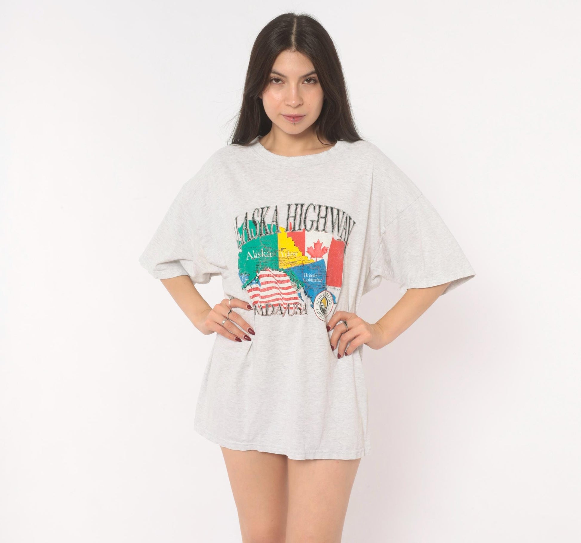 90s Alaska Highway Map Graphic Tee Gildan Heather Grey Extra Large XL